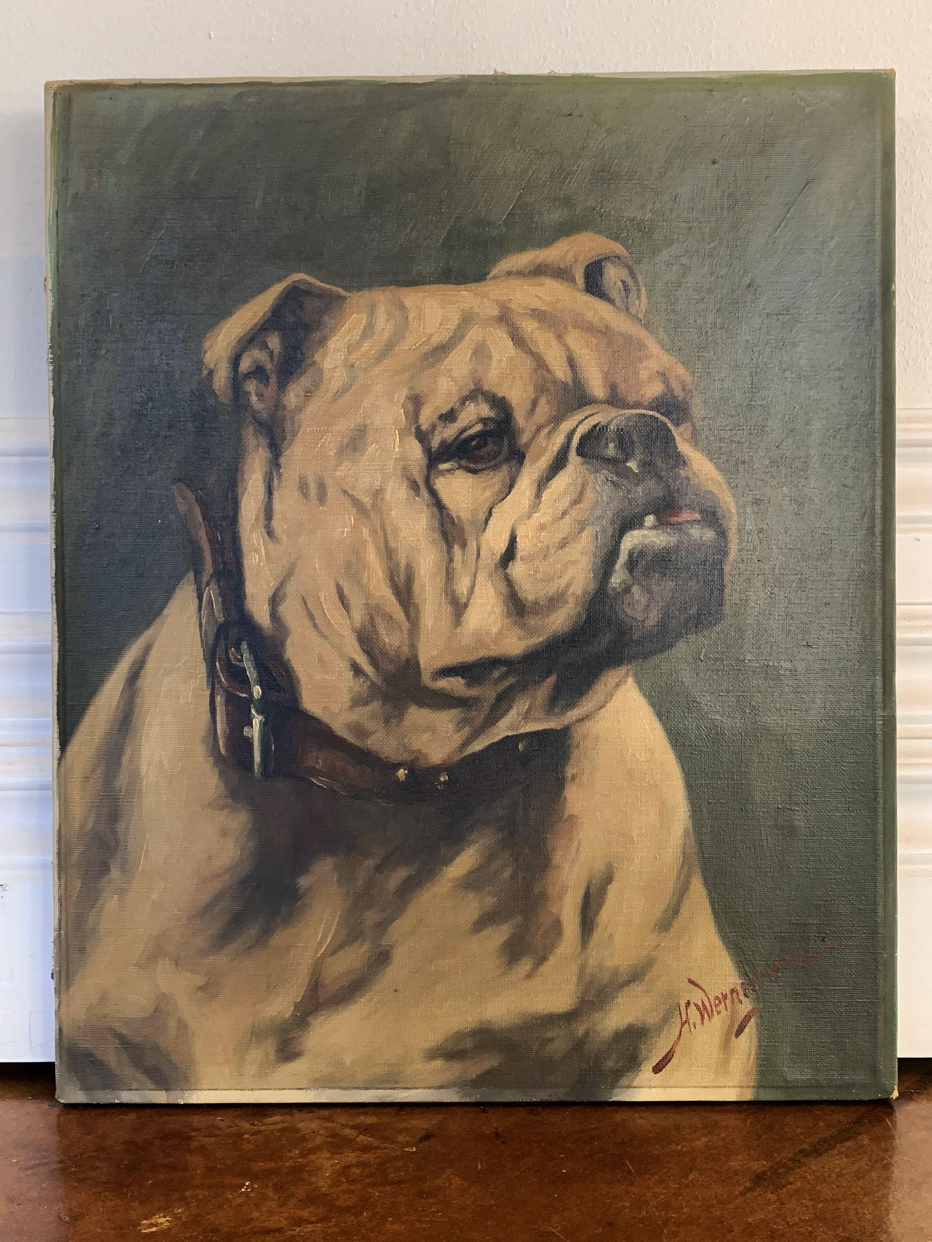 American English Oil on Canvas Painting of a Bulldog by H. Wernegreen