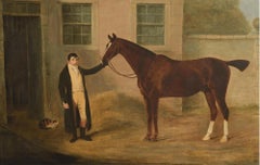 Pittura a olio inglese di cavallo e stalliere attribuita a Ben Marshall, circa 1805