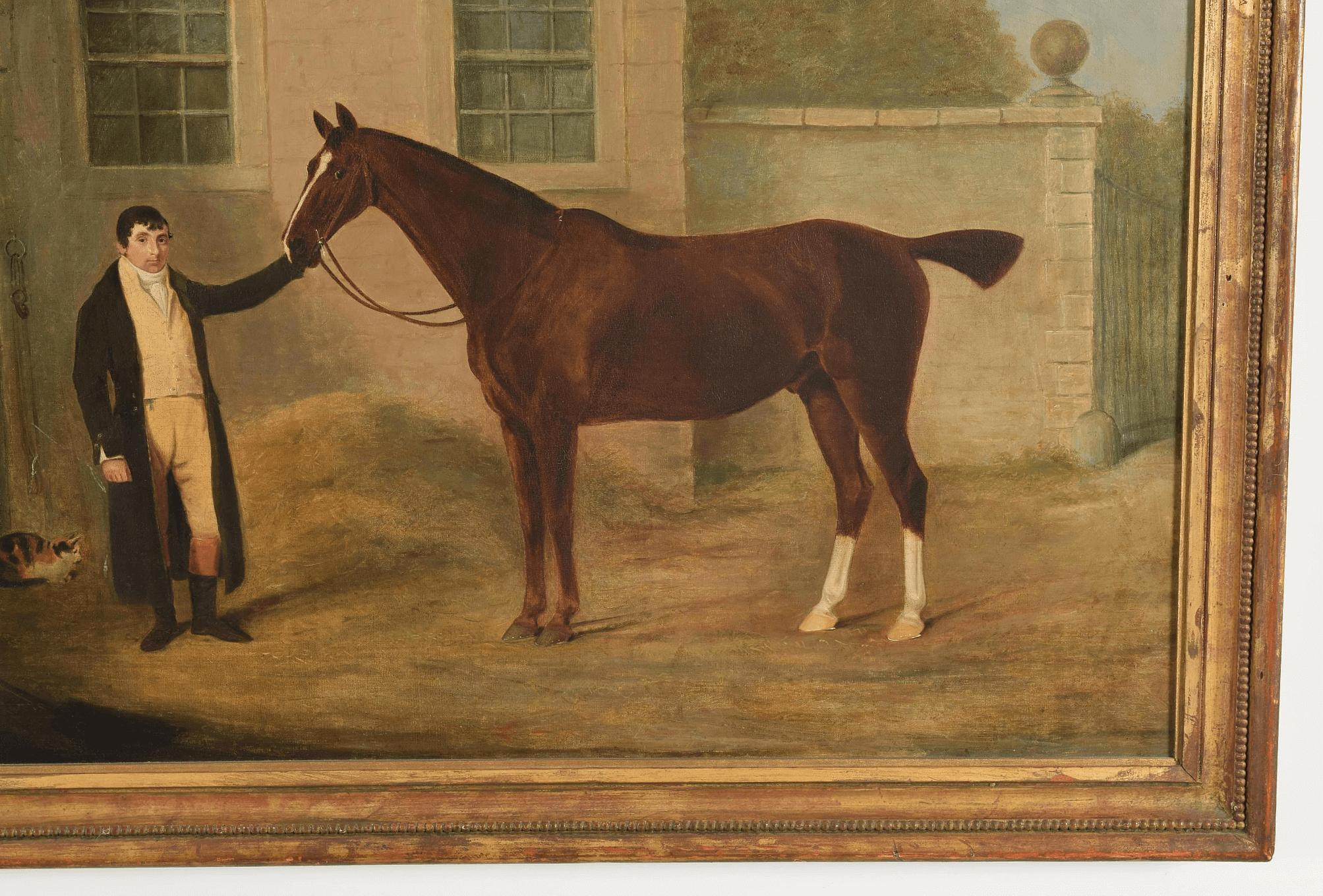 Hand-Painted English Oil Painting of Horse and Groom Attributed to Ben Marshall, circa 1805 For Sale