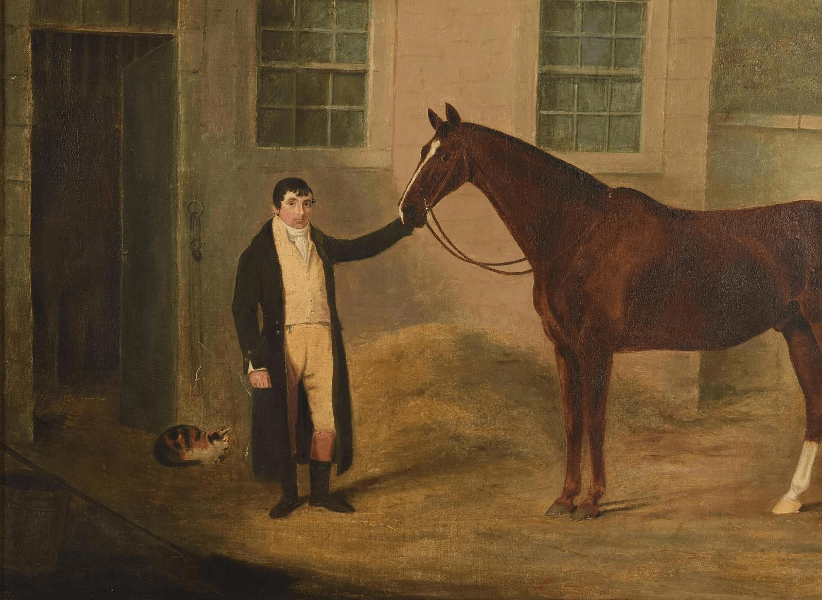 English Oil Painting of Horse and Groom Attributed to Ben Marshall, circa 1805 In Good Condition For Sale In Kinderhook, NY