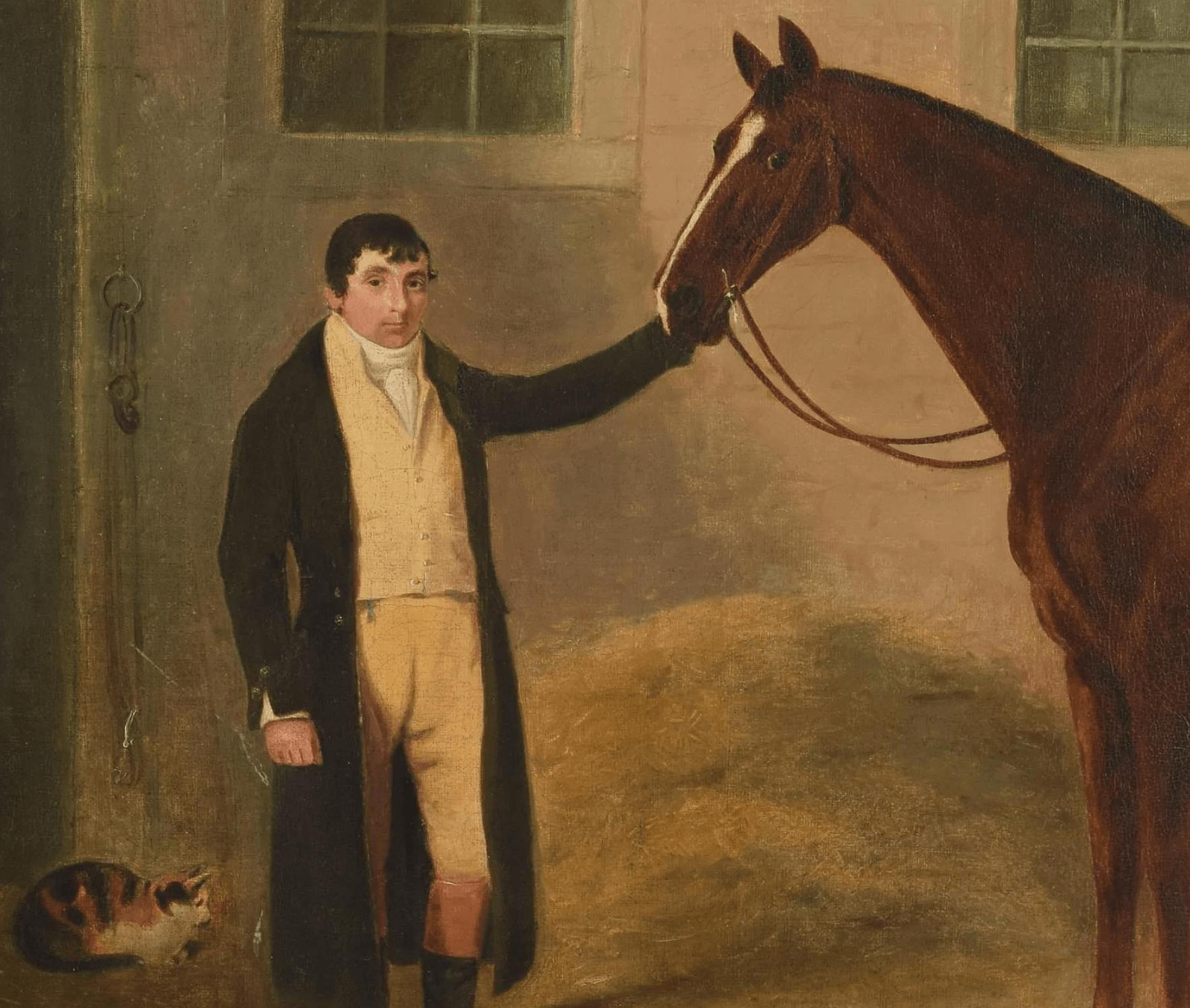 19th Century English Oil Painting of Horse and Groom Attributed to Ben Marshall, circa 1805 For Sale