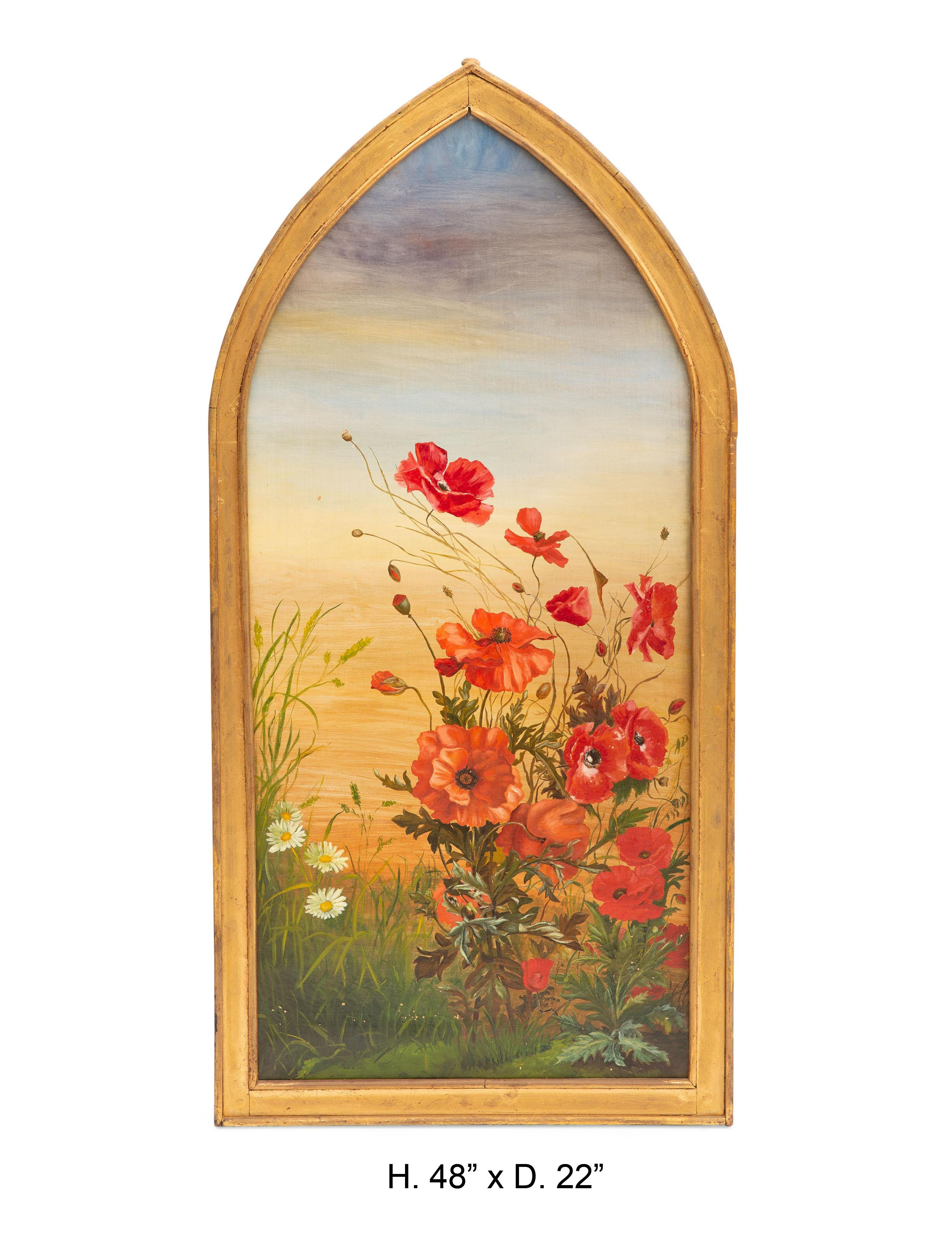 English oil on canvas still life of poppies and daisies in a unique giltwood frame
late 19th century
Meticulous attention given to detail.

Similar framed still life on our store front (Item #: LU1970318169912) came from the same estate in