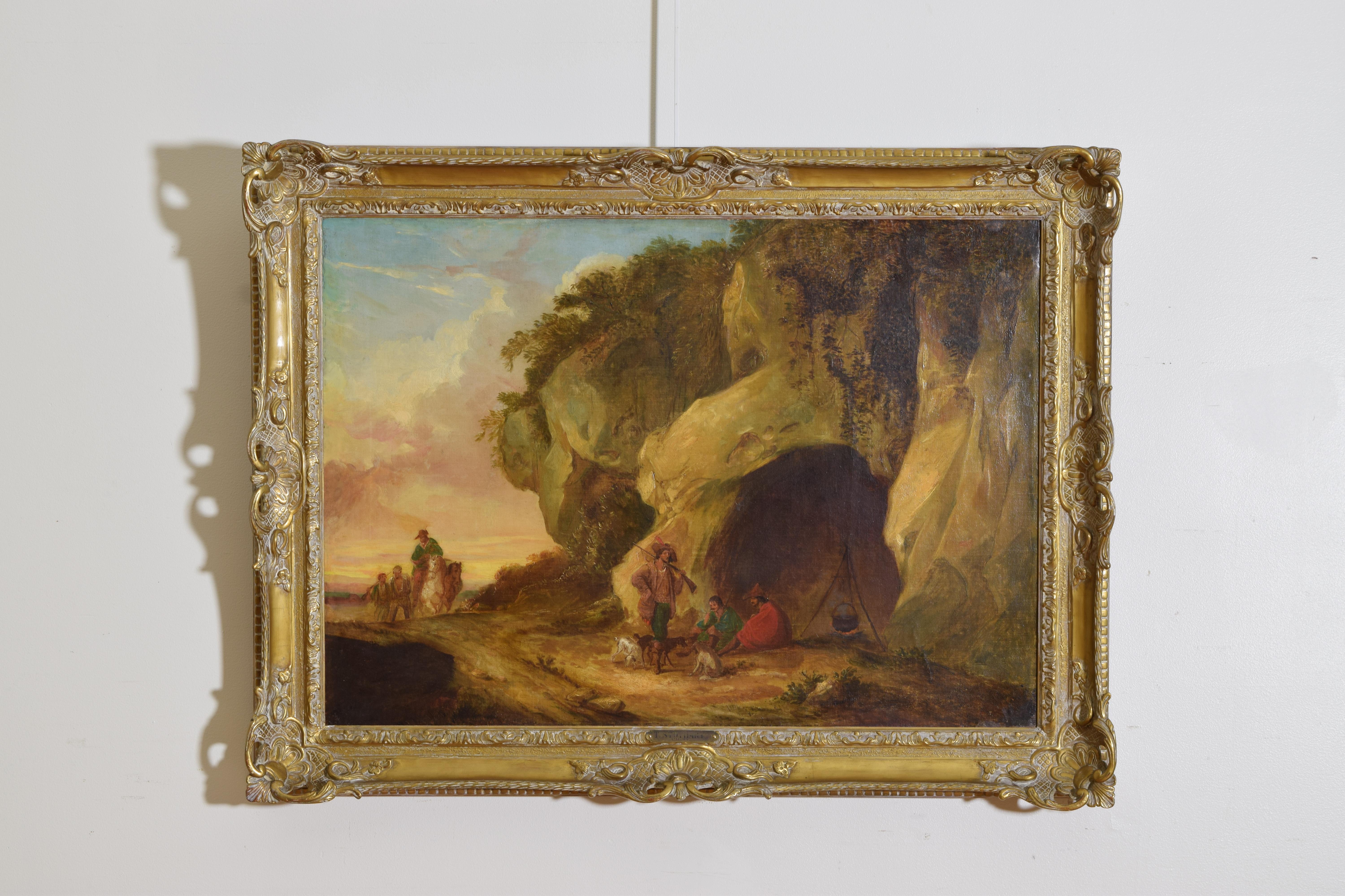 The figures in 18th century dress, depicting three figures with dogs at a cave’s entrance with a boiling pot, the figures seemingly unaware of the approach of three other figures, one on horseback looking downward, one being led, and one following