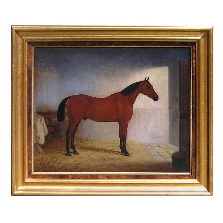 Huile sur toile anglaise avec un cheval dans une écurie, vers 1866 en vente