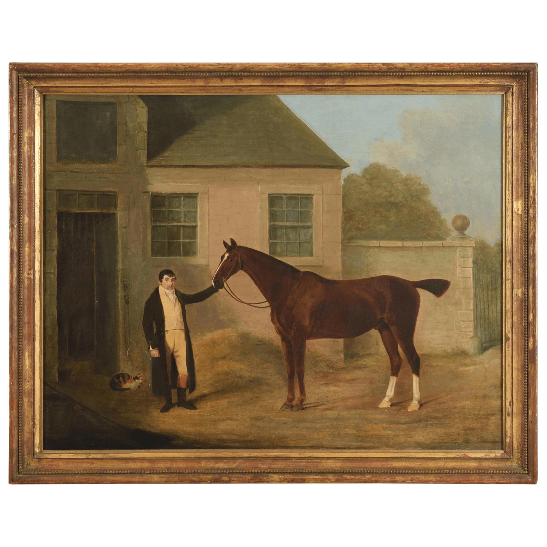 English Oil Painting of Horse and Groom Attributed to Ben Marshall, circa 1805 For Sale