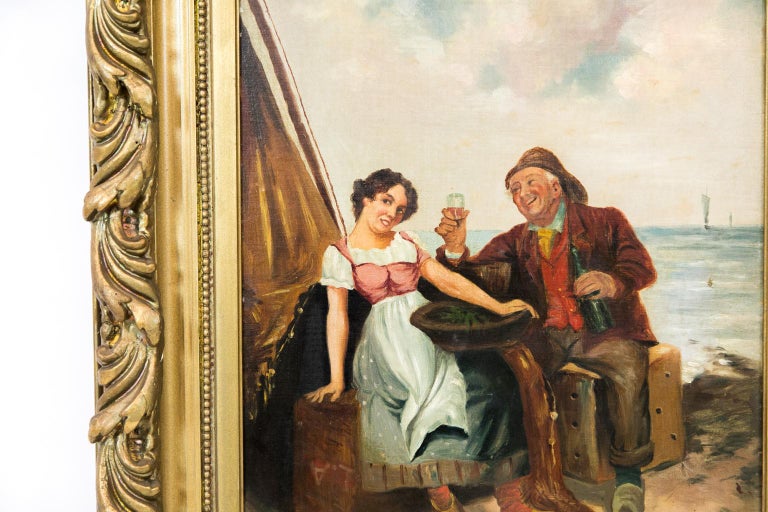 English oil painting on artist board, depicting a sailor with a lady.
The frame has some shrinkage cracking,