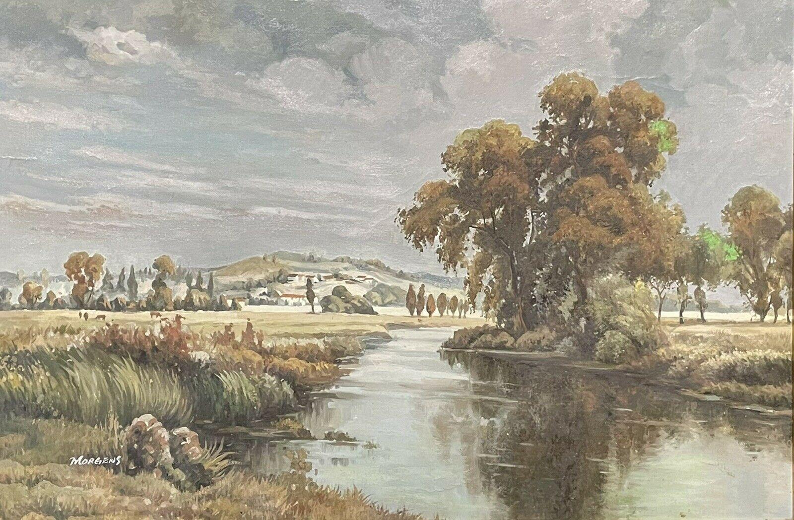 English oil painting Still-Life Painting - LARGE SIGNED BRITISH OIL PAINTING - EXTENSIVE RIVER LANDSCAPE DISTANT HILLS