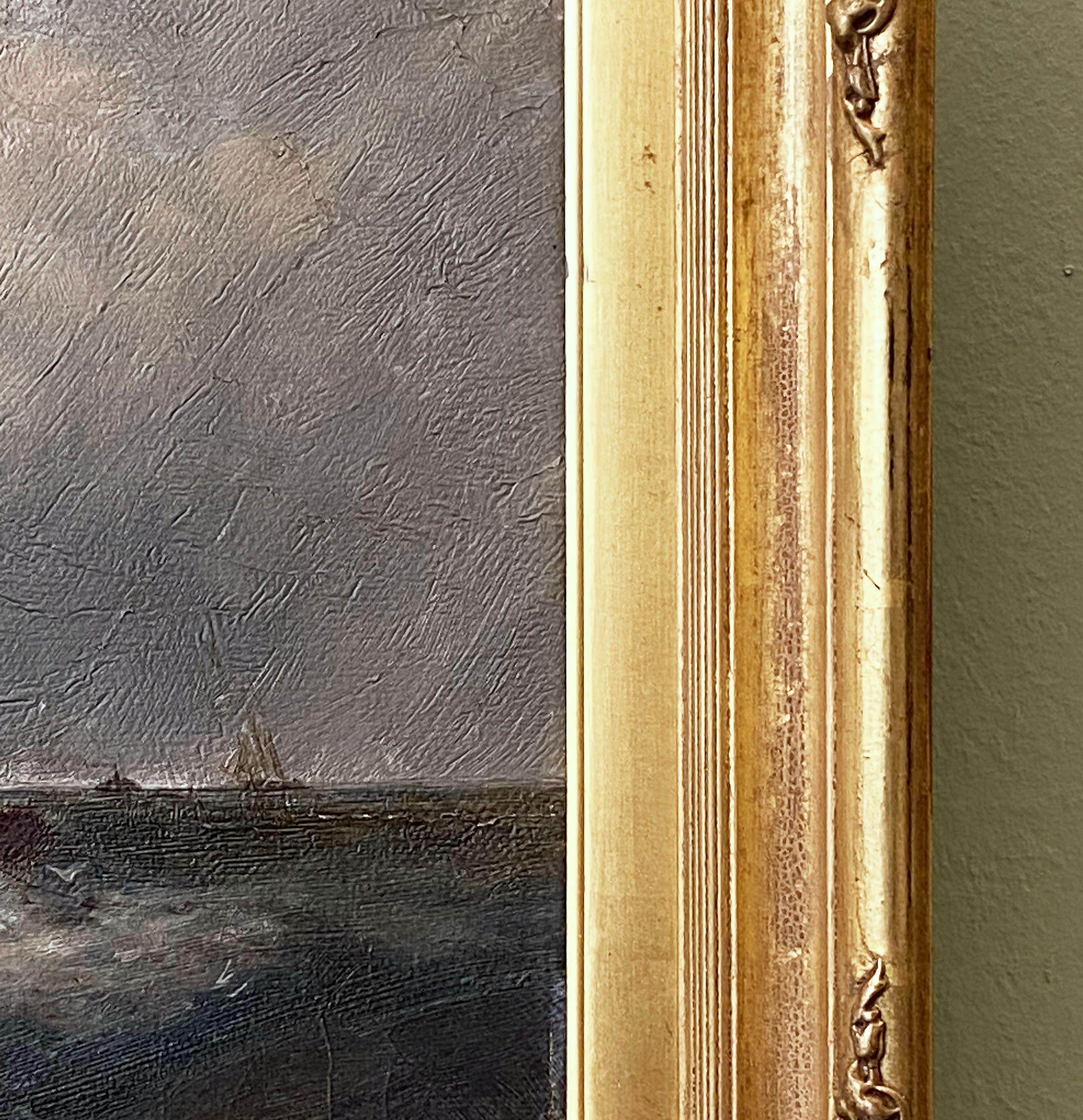 English Oil Painting Seascape or Ocean Scene with Ship in Gilt Frame 5