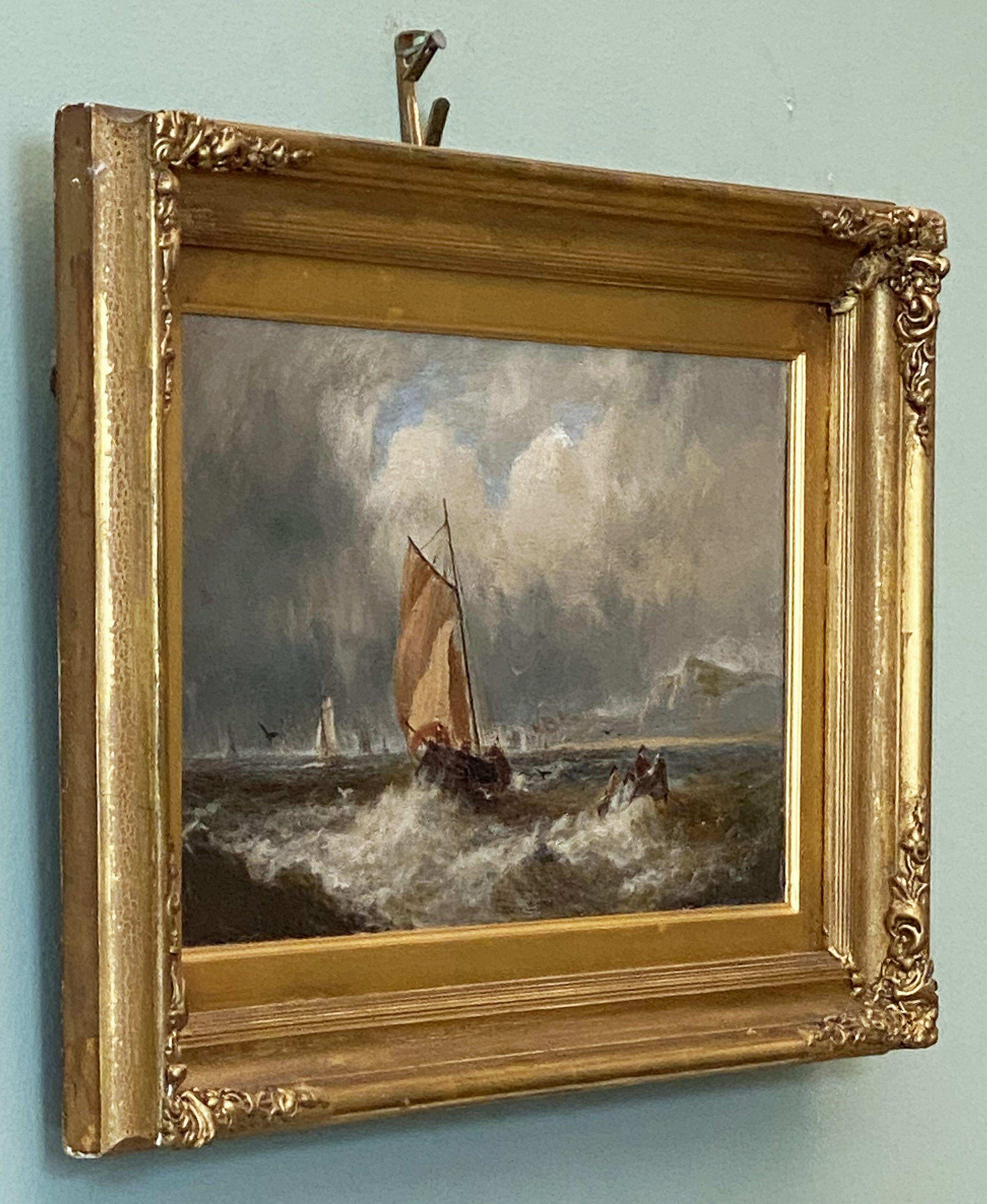 A handsome English oil painting on canvas featuring a seascape or ocean scene with ship - A fine example of British marine art of the 19th century.
Mounted in a giltwood frame.

 