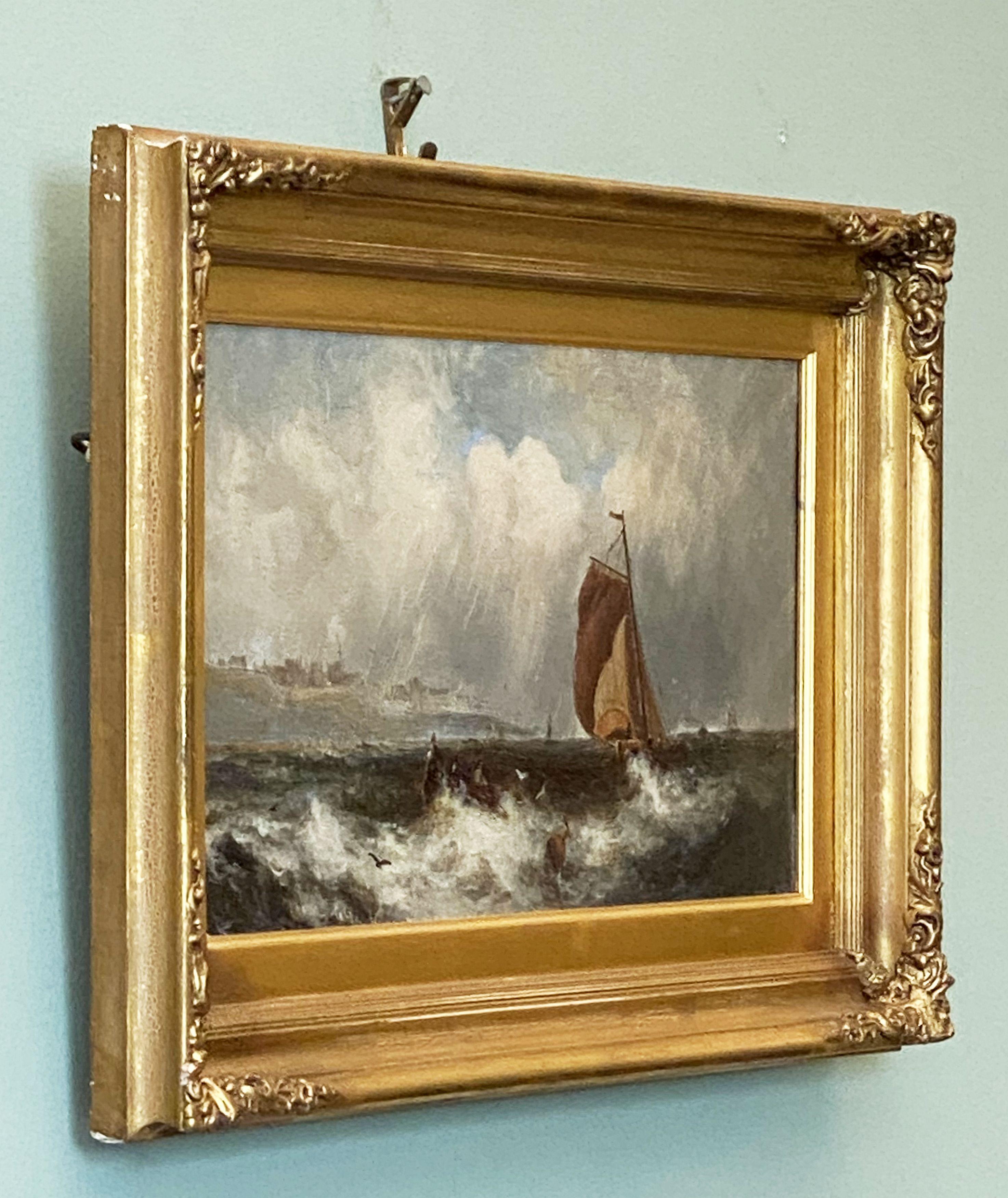 A handsome English oil painting on canvas featuring a seascape or ocean scene with ship, a fine example of British marine art of the 19th century.
Mounted in a giltwood frame.