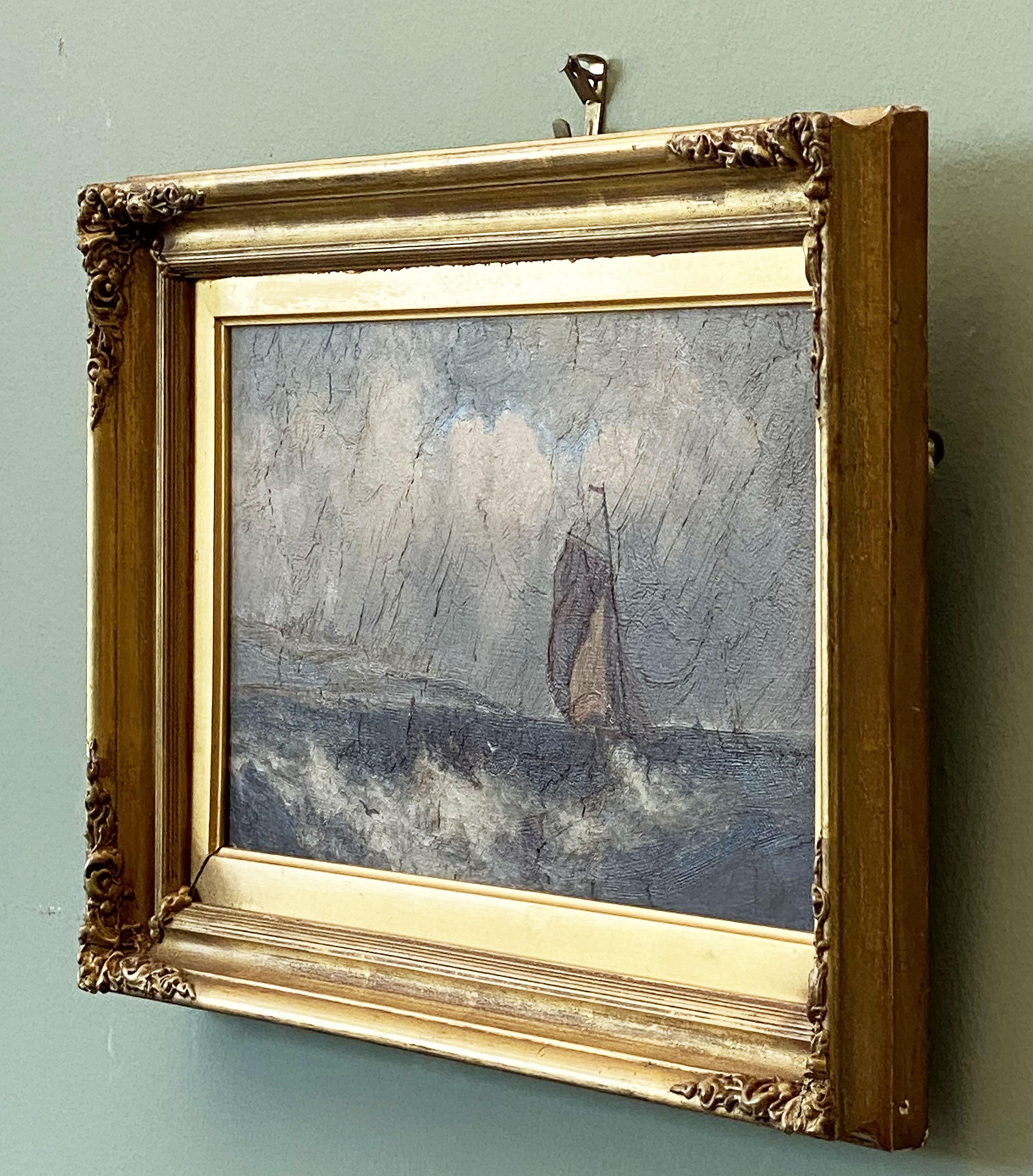 English Oil Painting Seascape or Ocean Scene with Ship in Gilt Frame In Good Condition In Austin, TX