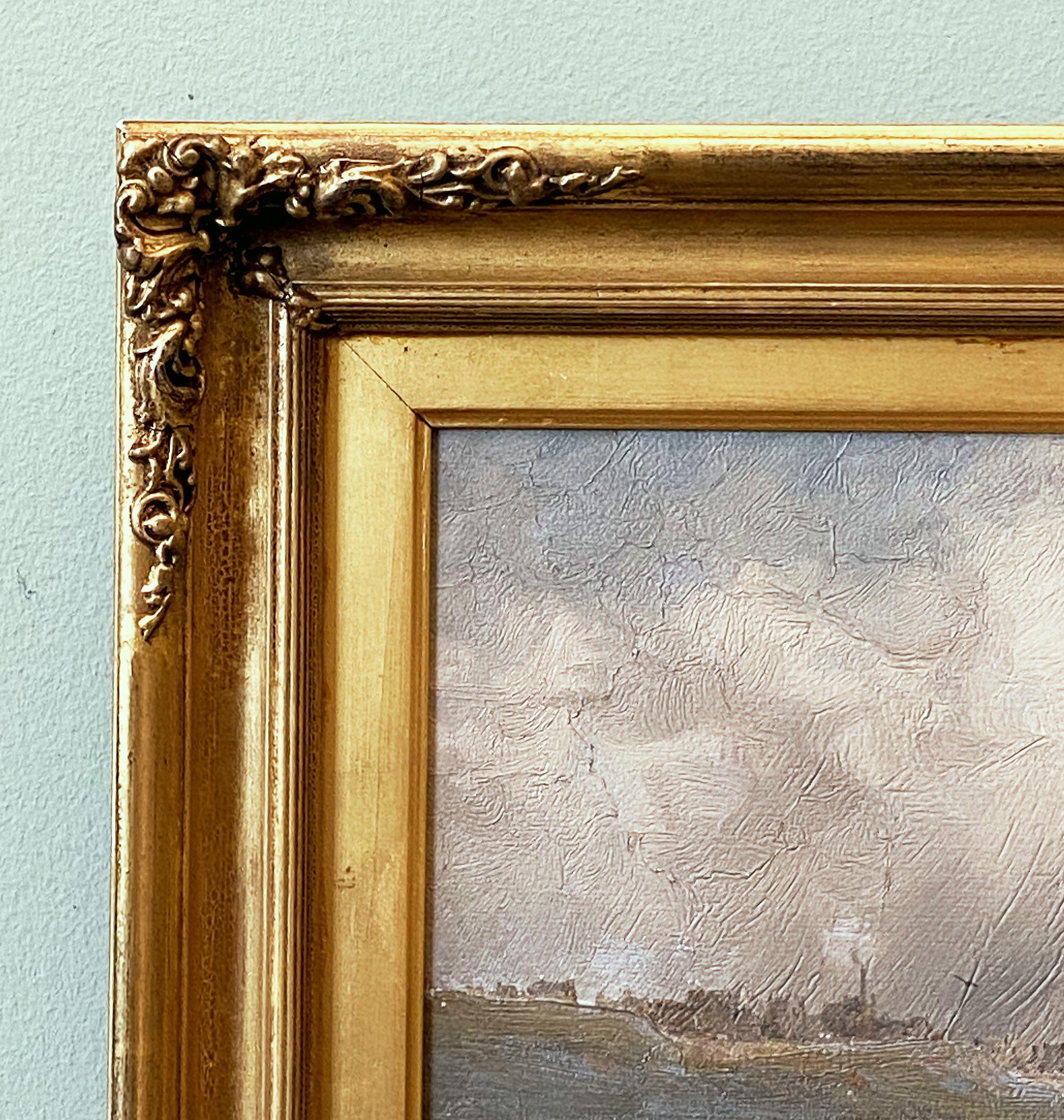 Canvas English Oil Painting Seascape or Ocean Scene with Ship in Gilt Frame
