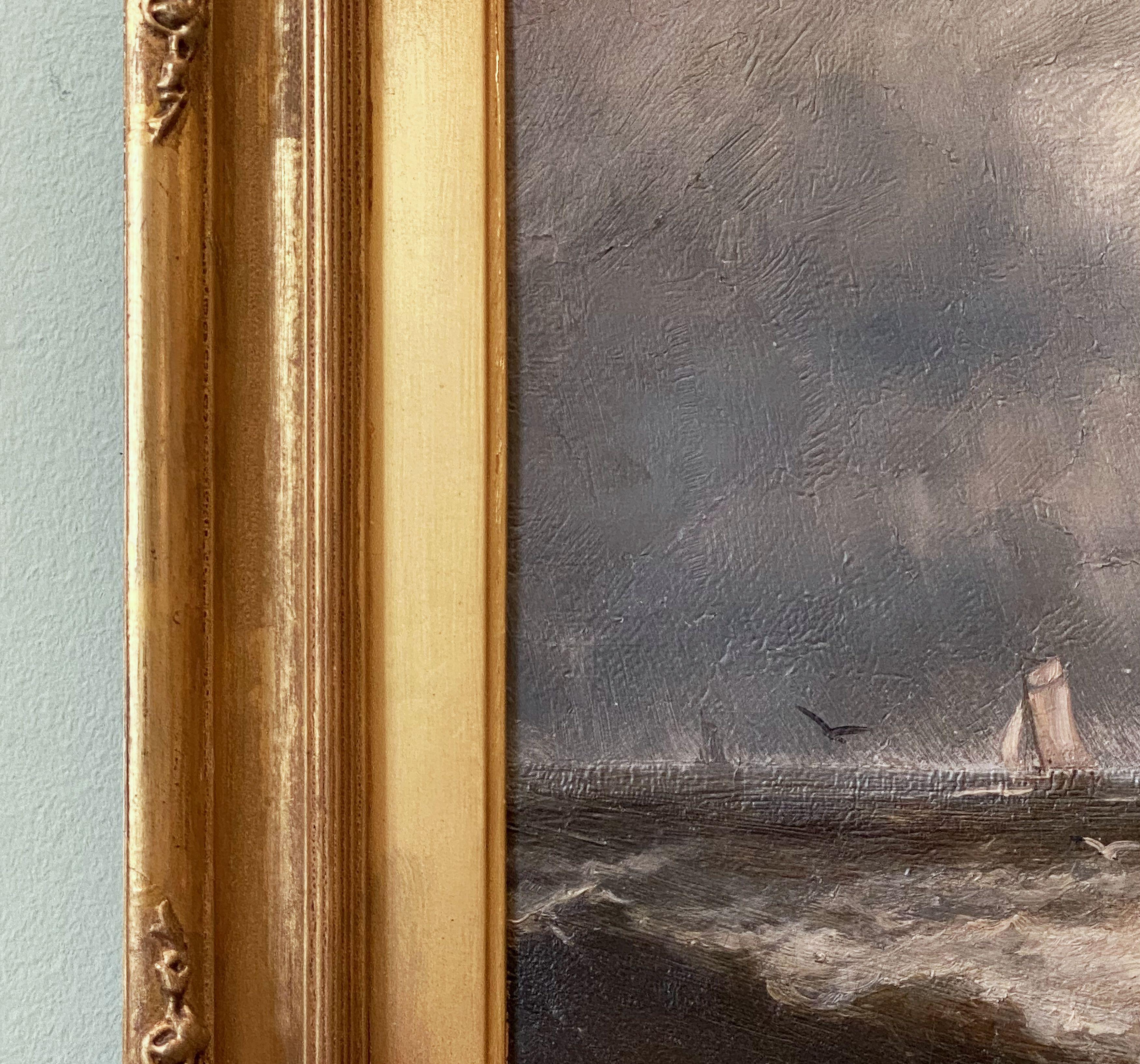 English Oil Painting Seascape or Ocean Scene with Ship in Gilt Frame 1