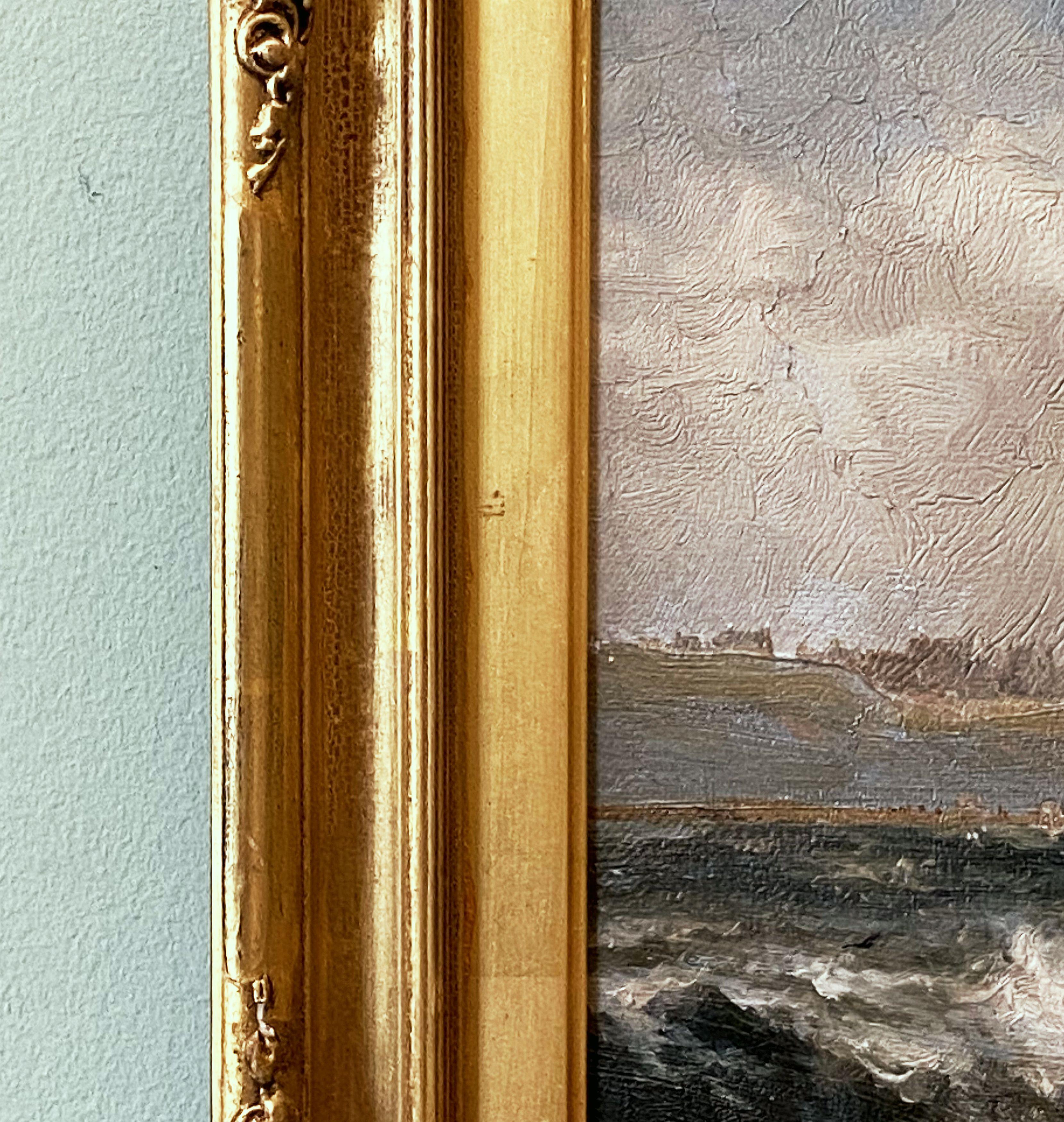 English Oil Painting Seascape or Ocean Scene with Ship in Gilt Frame 1