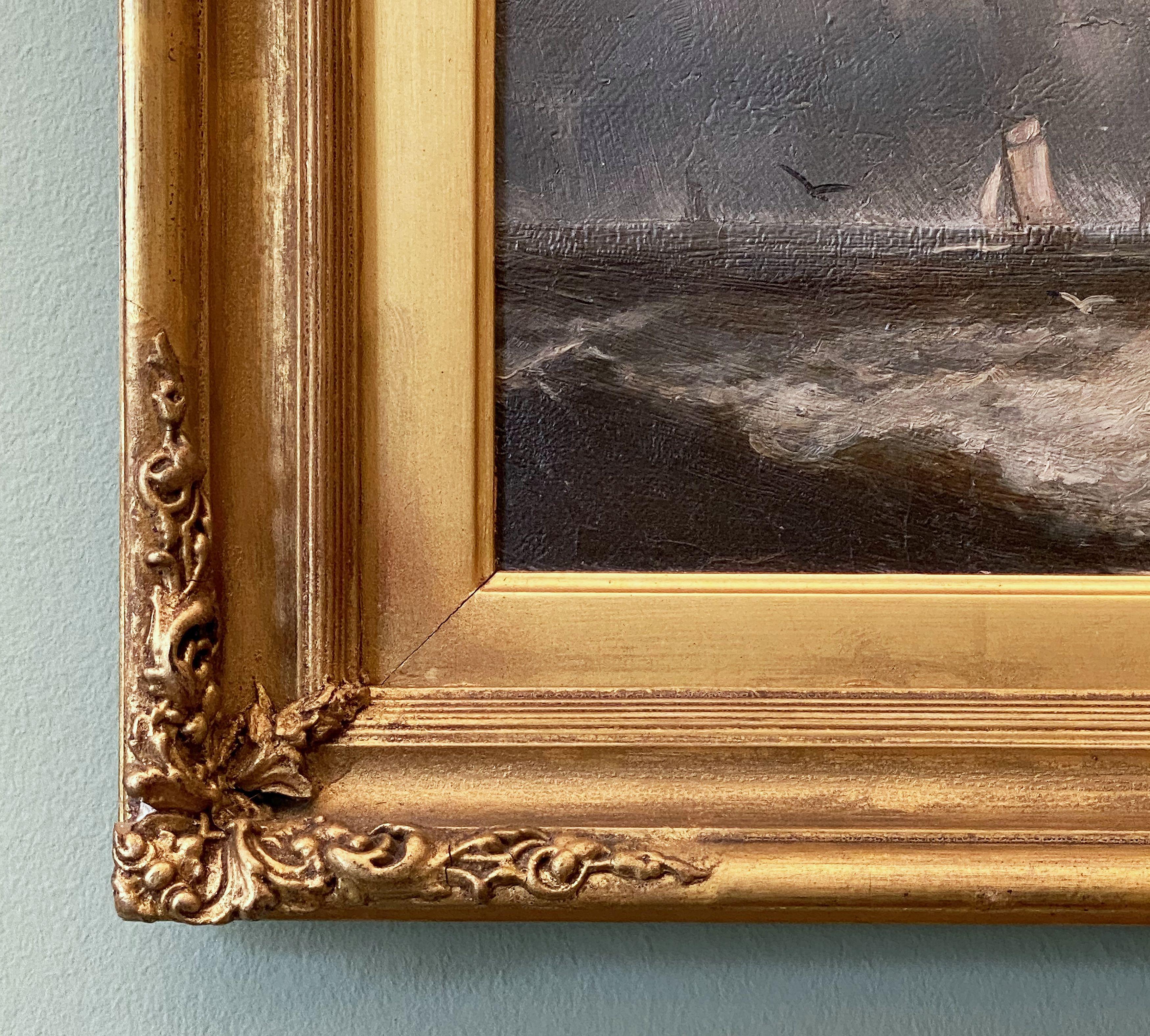 English Oil Painting Seascape or Ocean Scene with Ship in Gilt Frame 2
