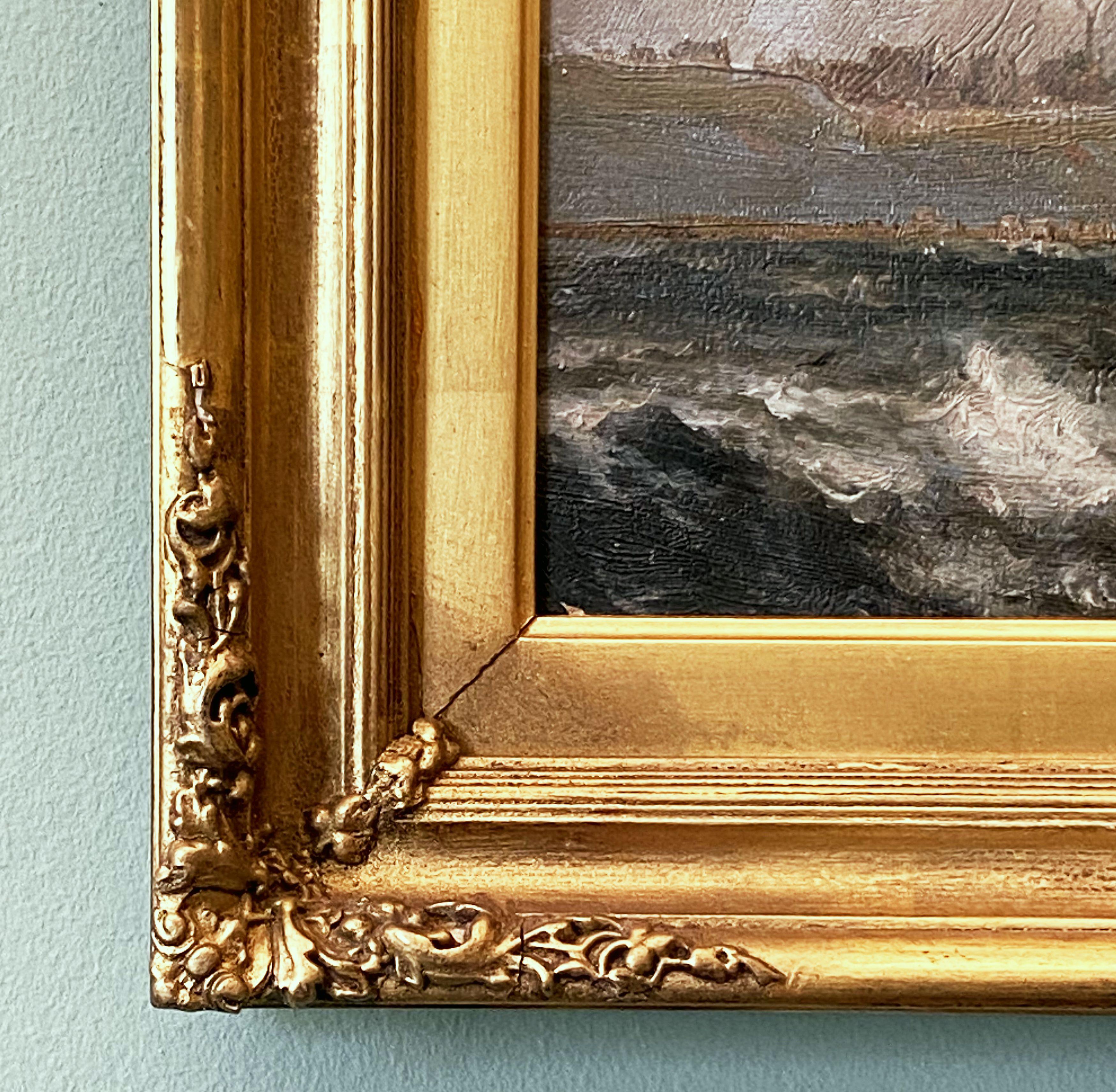 English Oil Painting Seascape or Ocean Scene with Ship in Gilt Frame 2