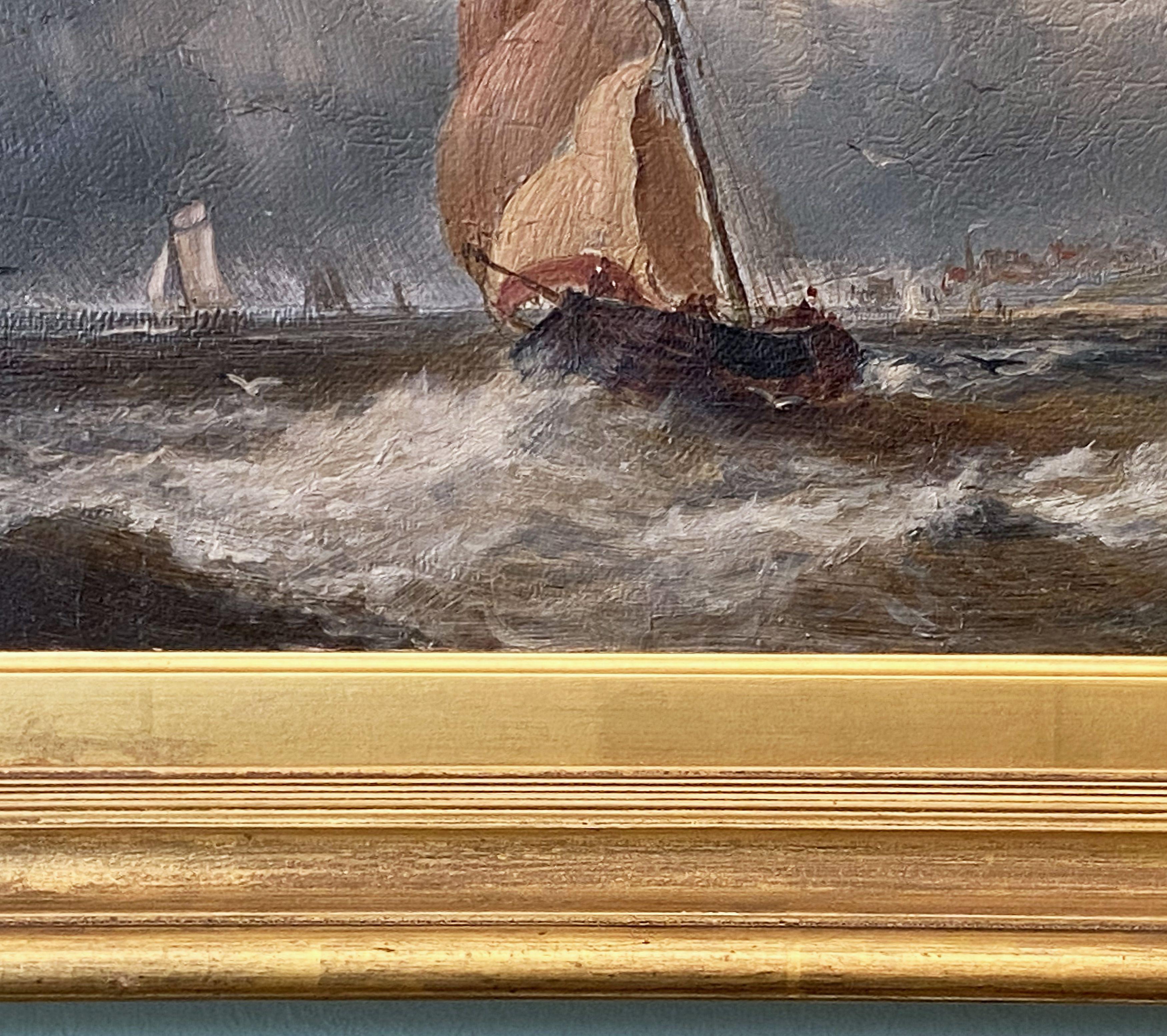 English Oil Painting Seascape or Ocean Scene with Ship in Gilt Frame 3