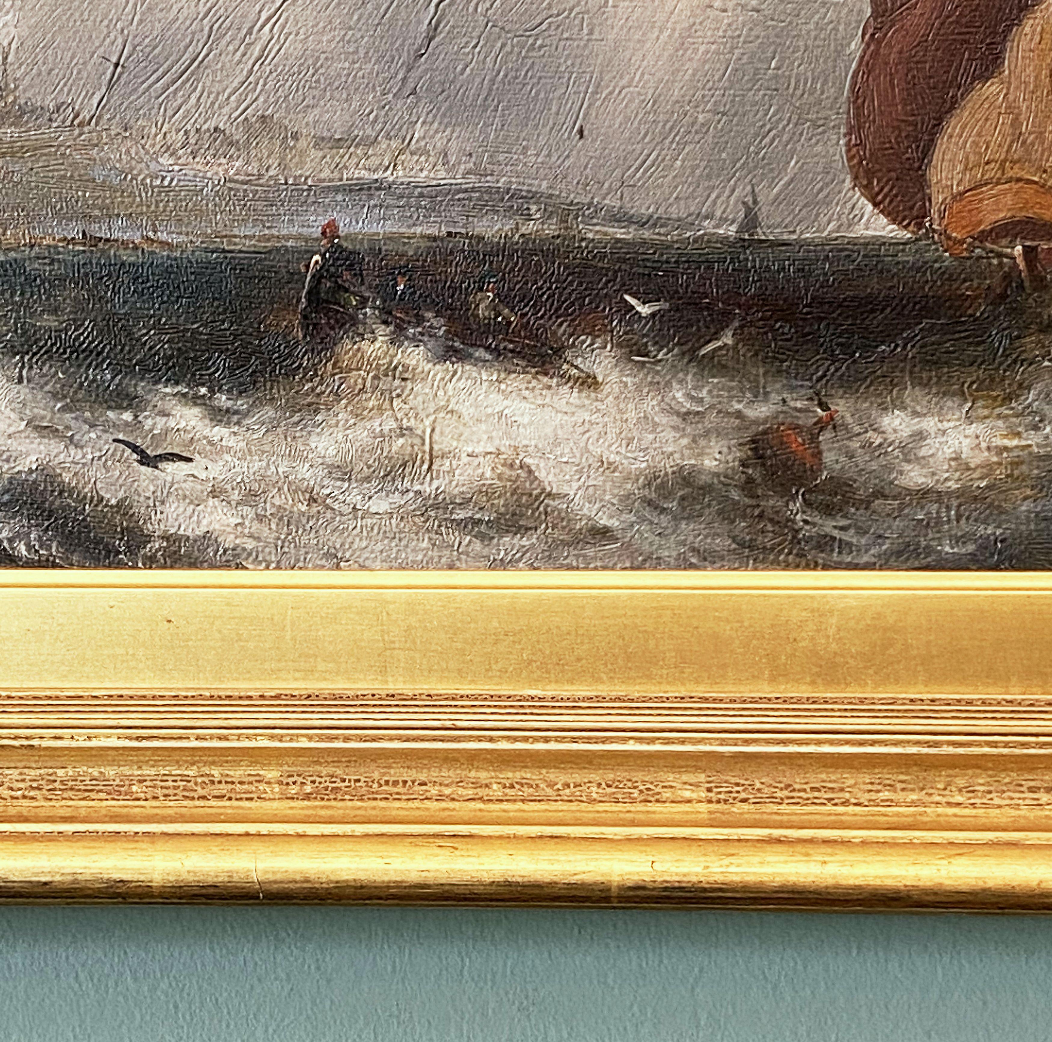 English Oil Painting Seascape or Ocean Scene with Ship in Gilt Frame 3