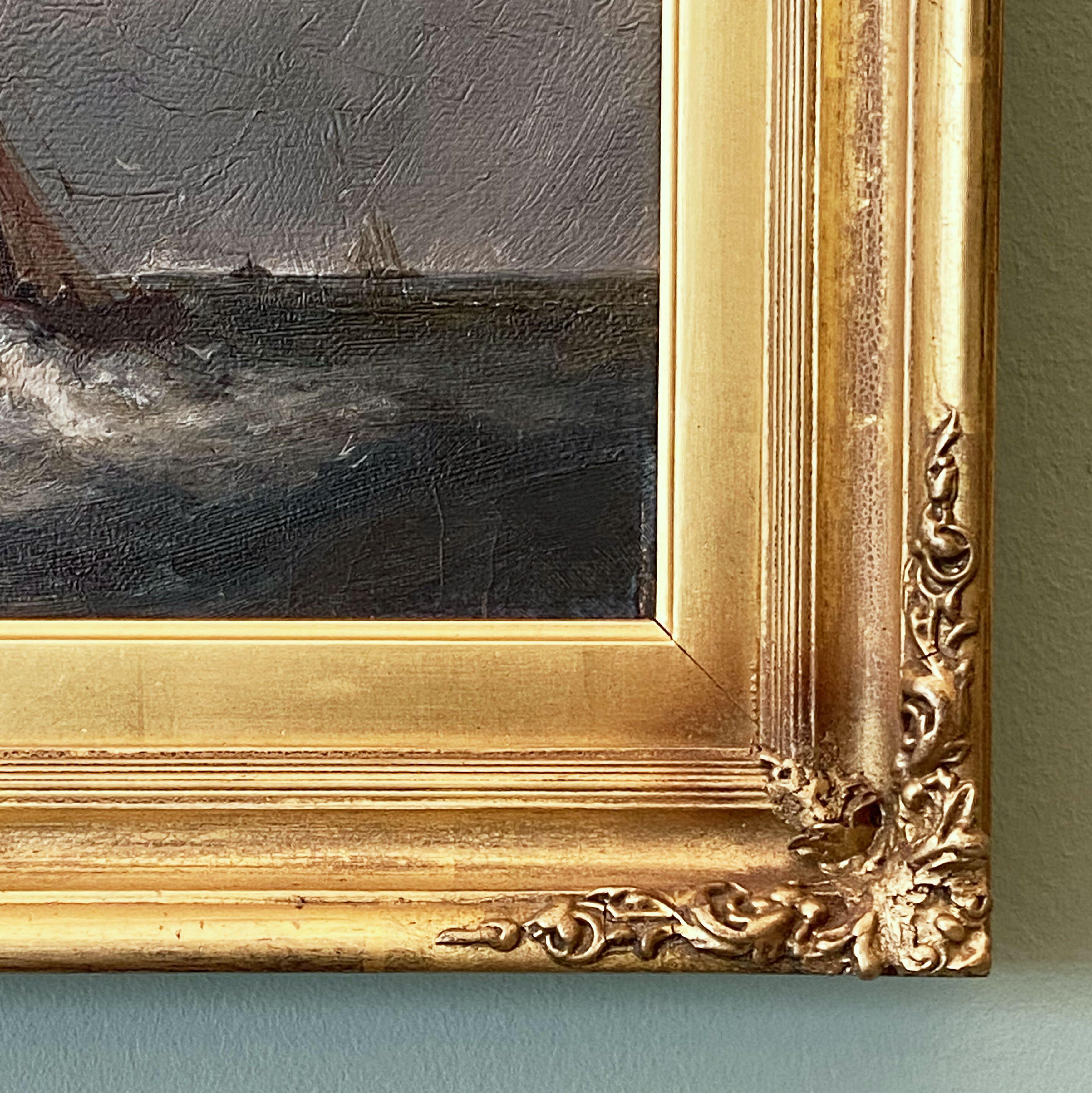 English Oil Painting Seascape or Ocean Scene with Ship in Gilt Frame 4