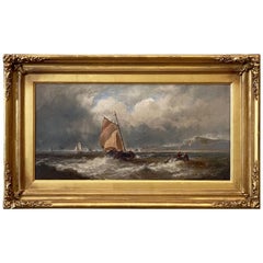 Antique English Oil Painting Seascape or Ocean Scene with Ship in Gilt Frame