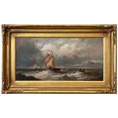 English Oil Painting Seascape or Ocean Scene with Ship in Gilt Frame