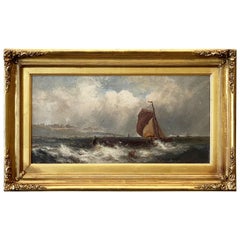English Oil Painting Seascape or Ocean Scene with Ship in Gilt Frame