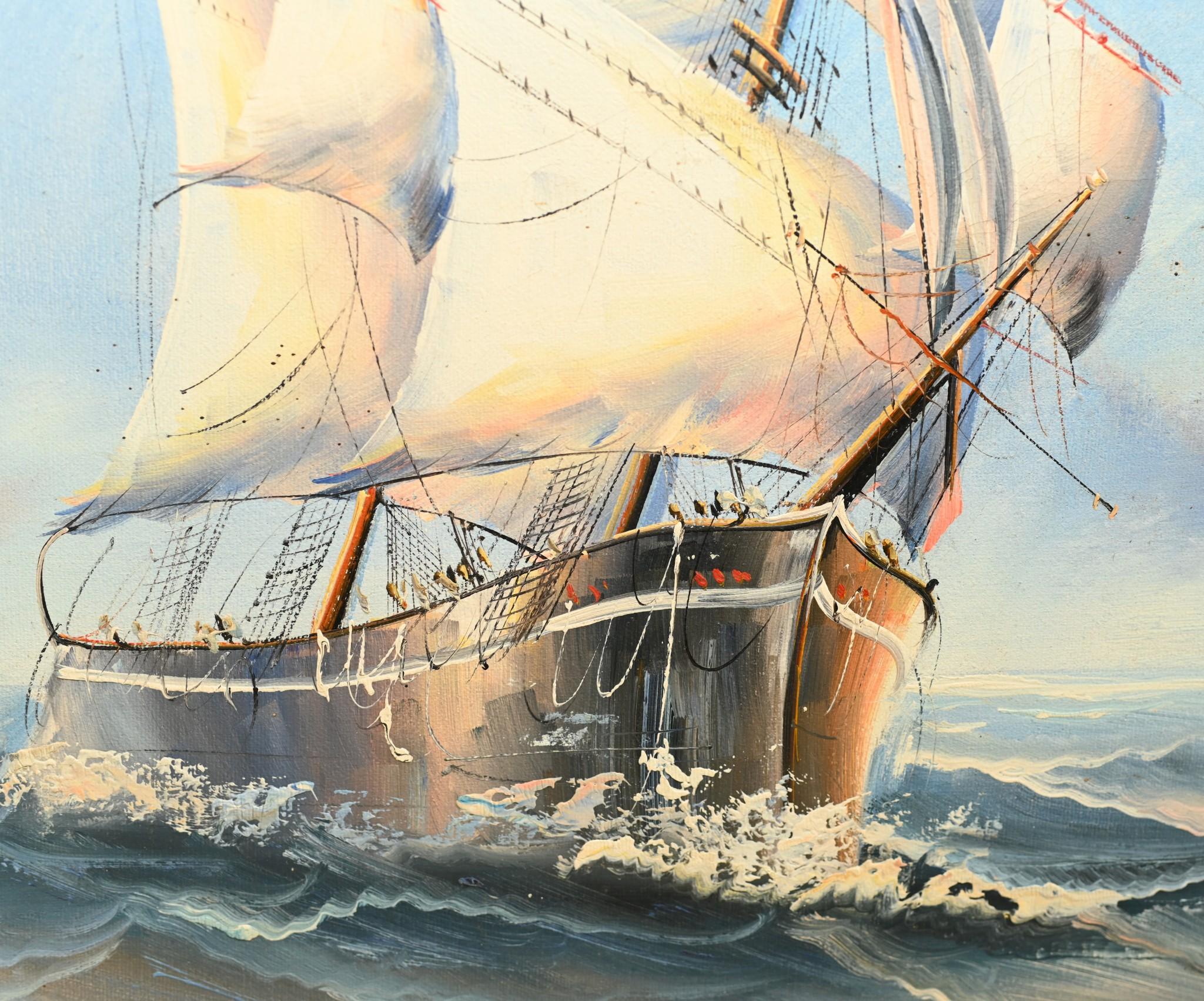 Wunderschönes englisches Ölgemälde eines Schiffes in einem leuchtend blauen Ozean
Künstler hat wirklich die Schönheit der Szene mit großem Geschick eingefangen
Wird im vergoldeten Rahmen geliefert
Das Stück ist in der rechten unteren Ecke mit J