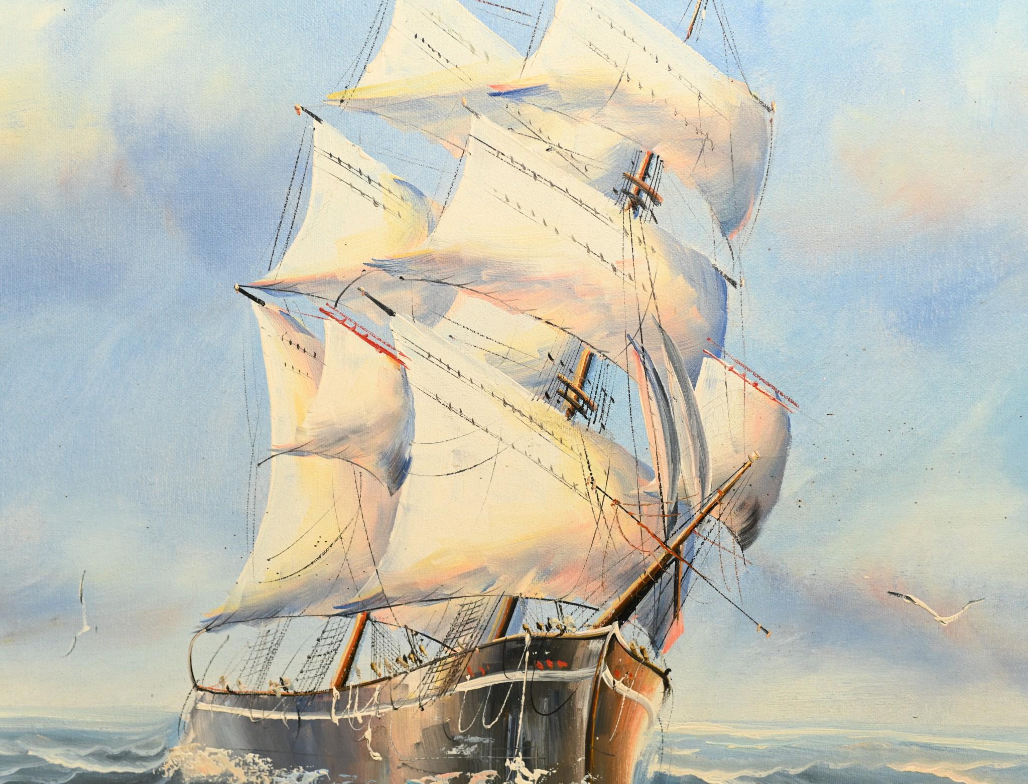 English Oil Painting Ship Sea Scape Maritime Art In Good Condition For Sale In Potters Bar, GB