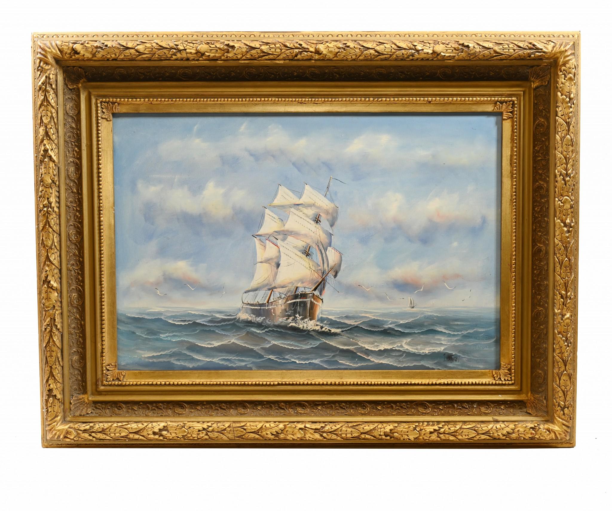 Late 20th Century English Oil Painting Ship Sea Scape Maritime Art For Sale