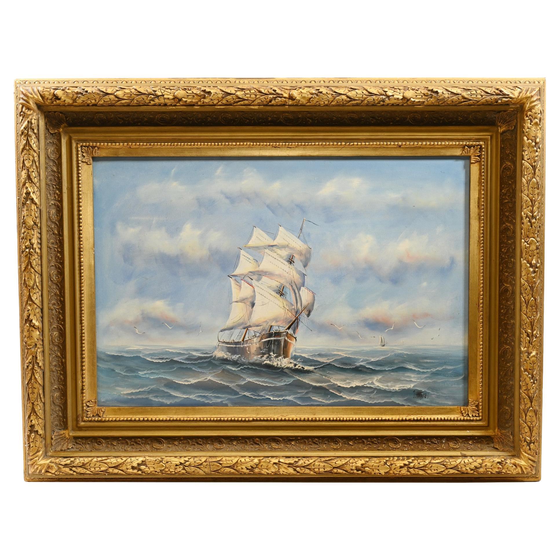 English Oil Painting Ship Sea Scape Maritime Art For Sale