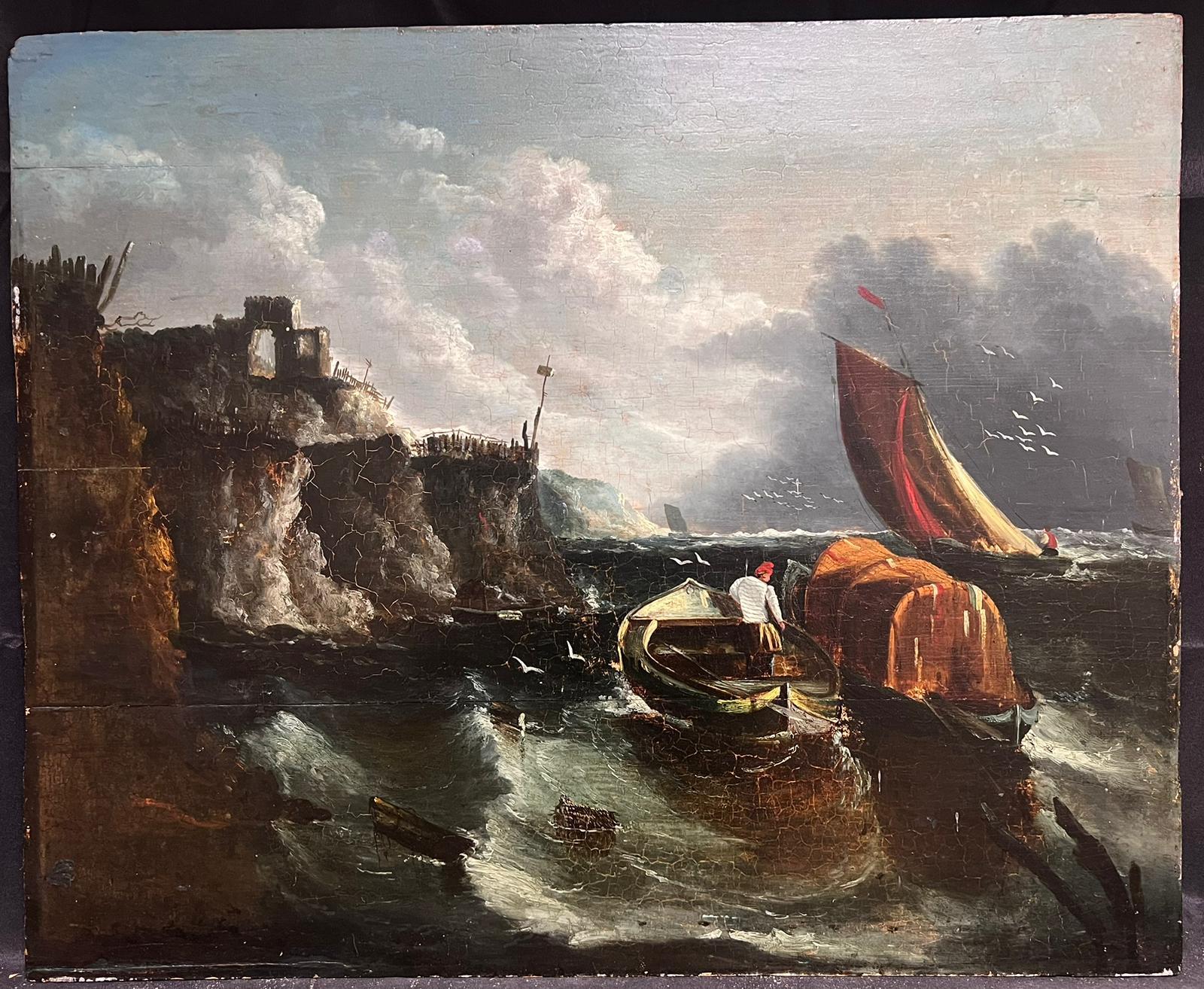 18th Century English Marine Oil Painting on Wood Panel Fishing Boats Stormy Sea - Black Figurative Painting by English Old Master Oil 