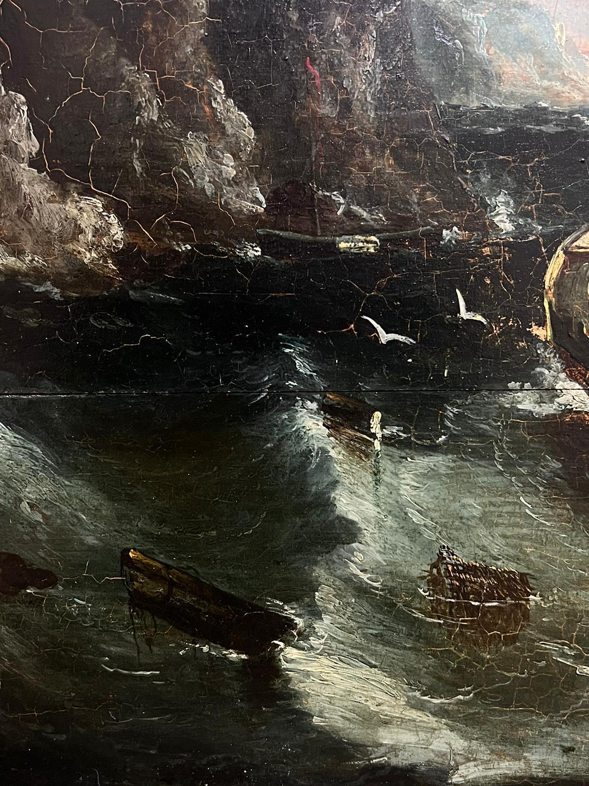 18th Century English Marine Oil Painting on Wood Panel Fishing Boats Stormy Sea For Sale 1