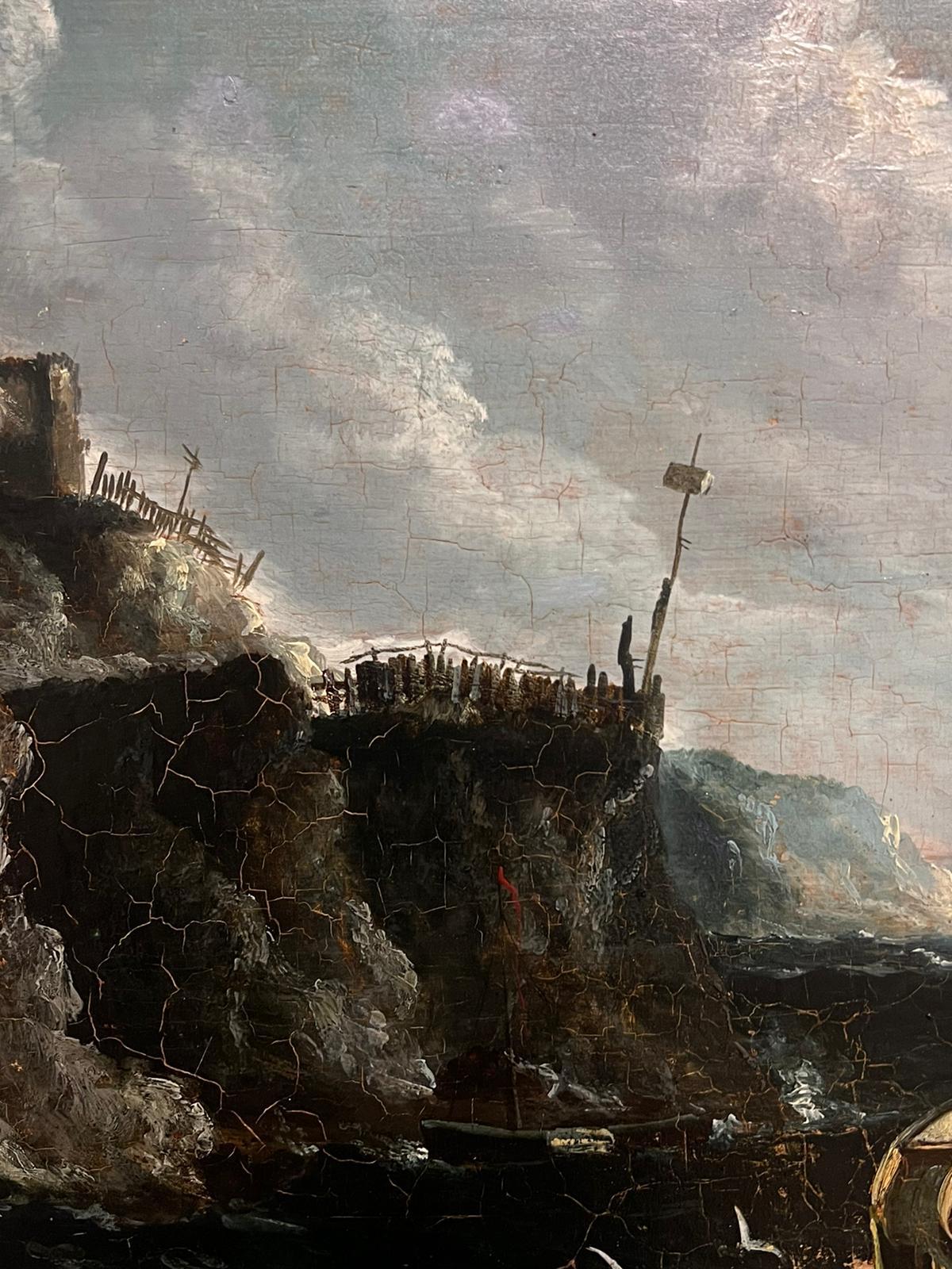 Dipinto a olio su pannello di Wood del XVIII secolo, Marin, Barche da pesca e mare in tempesta - Painting Antichi maestri di English Old Master Oil 