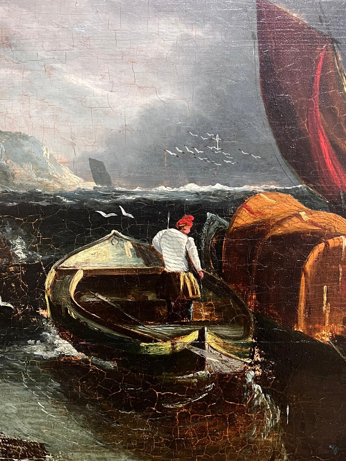 Dipinto a olio su pannello di Wood del XVIII secolo, Marin, Barche da pesca e mare in tempesta - Figurative Painting Nero di English Old Master Oil 