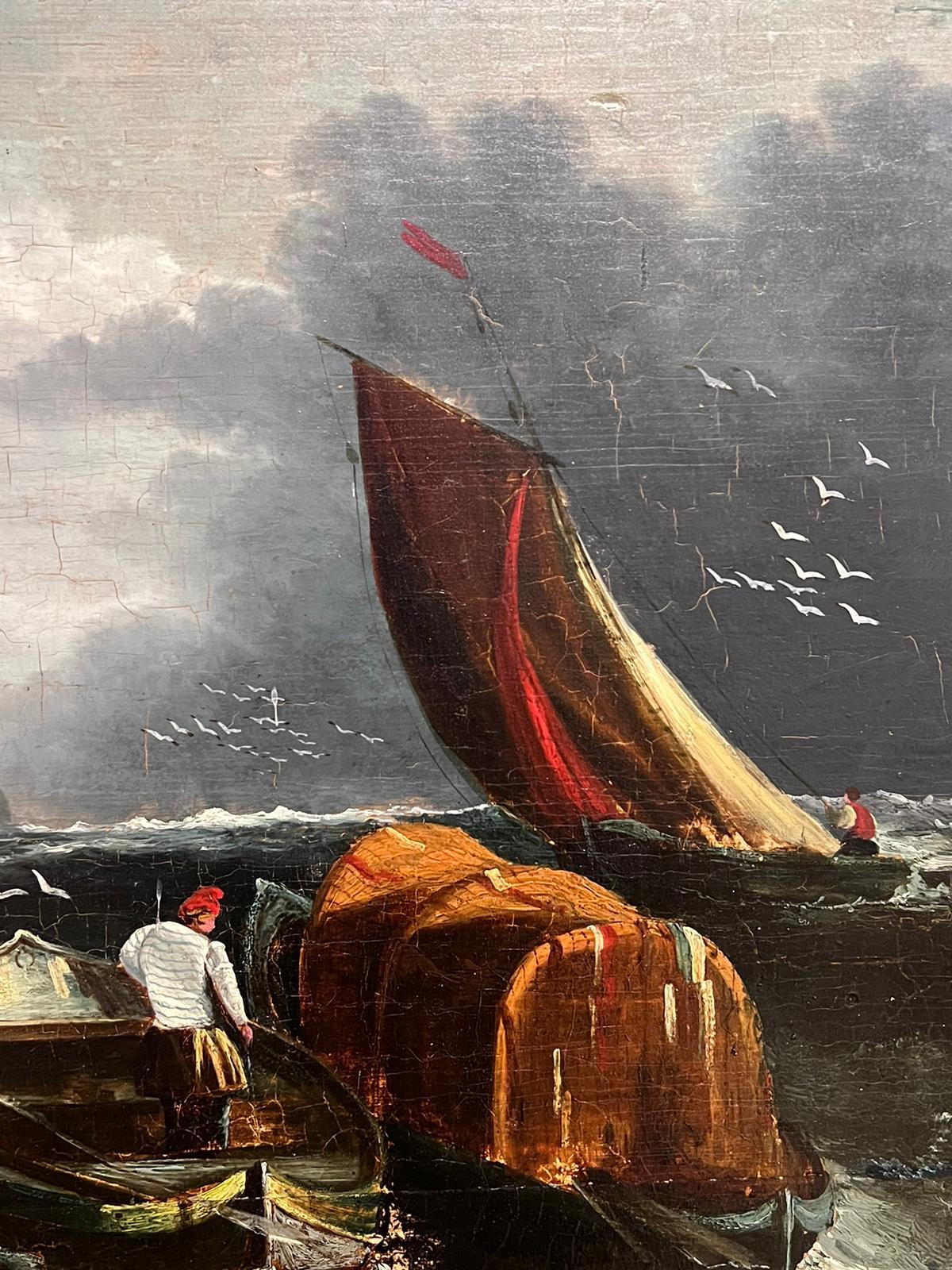 18th Century English Marine Oil Painting on Wood Panel Fishing Boats Stormy Sea For Sale 5