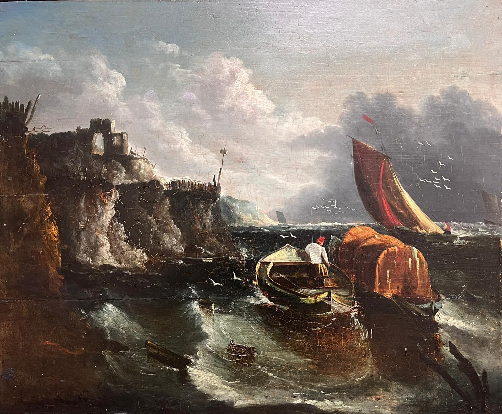 18th Century English Marine Oil Painting on Wood Panel Fishing Boats Stormy Sea