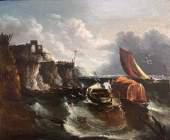 Antique 18th Century English Marine Oil Painting on Wood Panel Fishing Boats Stormy Sea