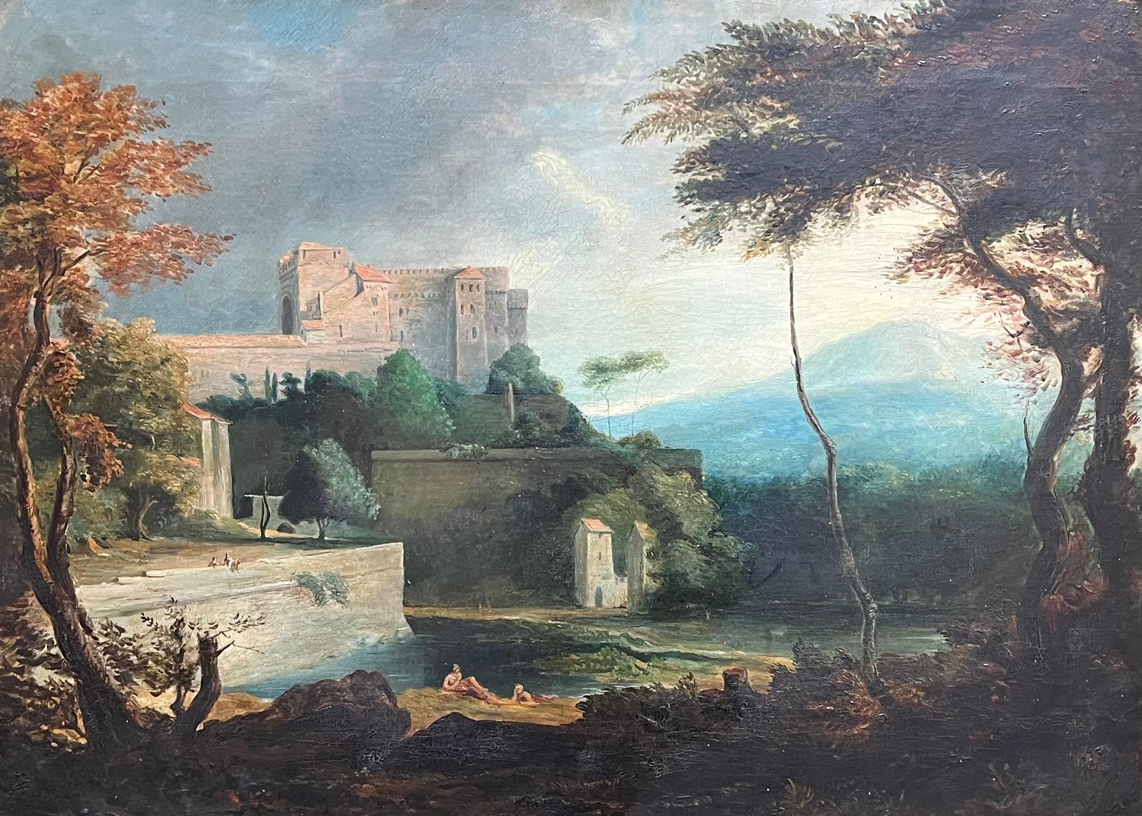 Antike englische Grand Tour Alter Meister Ölfiguren, Grand Tour  Klassische arkadische Landschaft – Painting von English Old Master Oil 