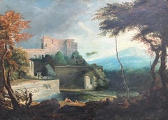 Antique English Grand Tour Old Master Oil Figures  Classical Arcadian Landscape