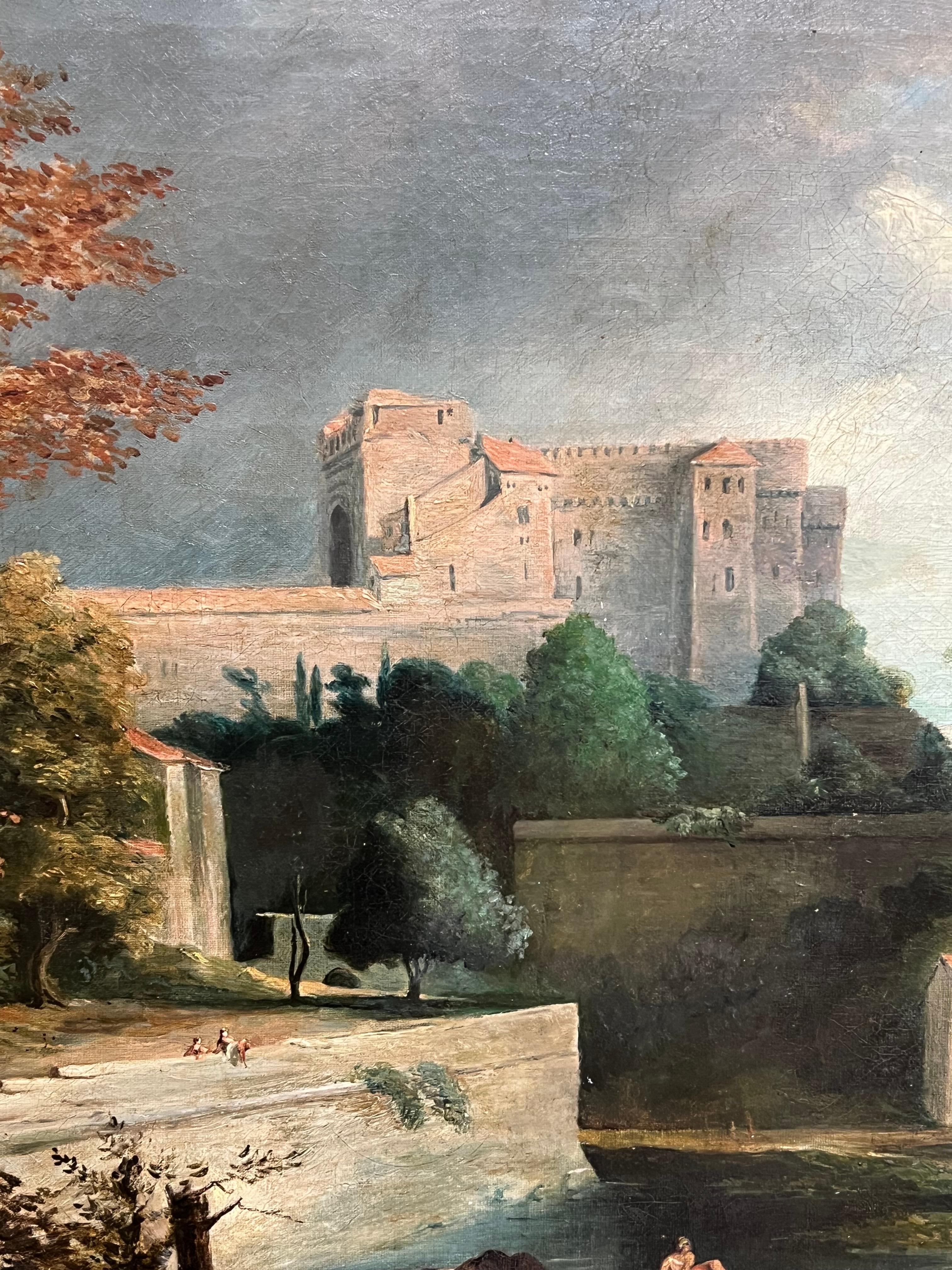 Antike englische Grand Tour Alter Meister Ölfiguren, Grand Tour  Klassische arkadische Landschaft (Braun), Figurative Painting, von English Old Master Oil 