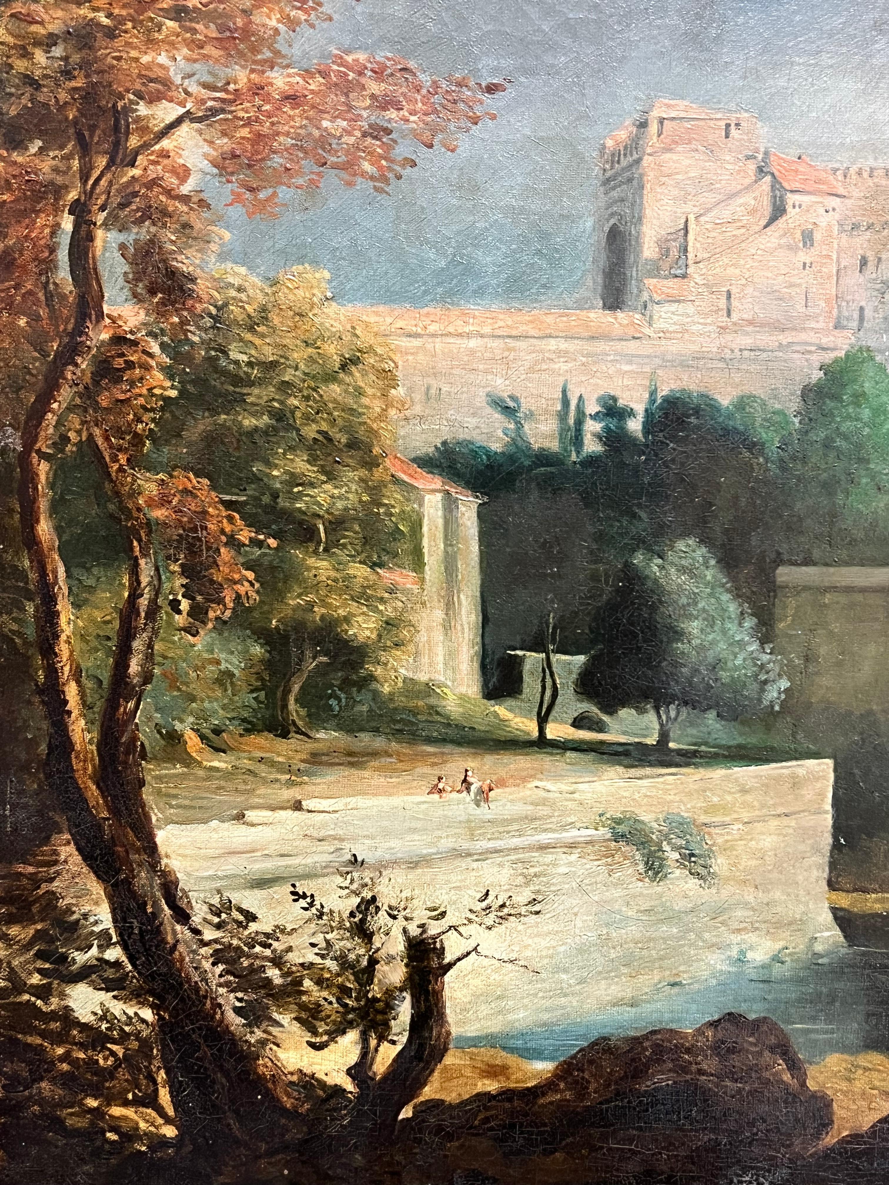 Antike englische Grand Tour Alter Meister Ölfiguren, Grand Tour  Klassische arkadische Landschaft im Angebot 1
