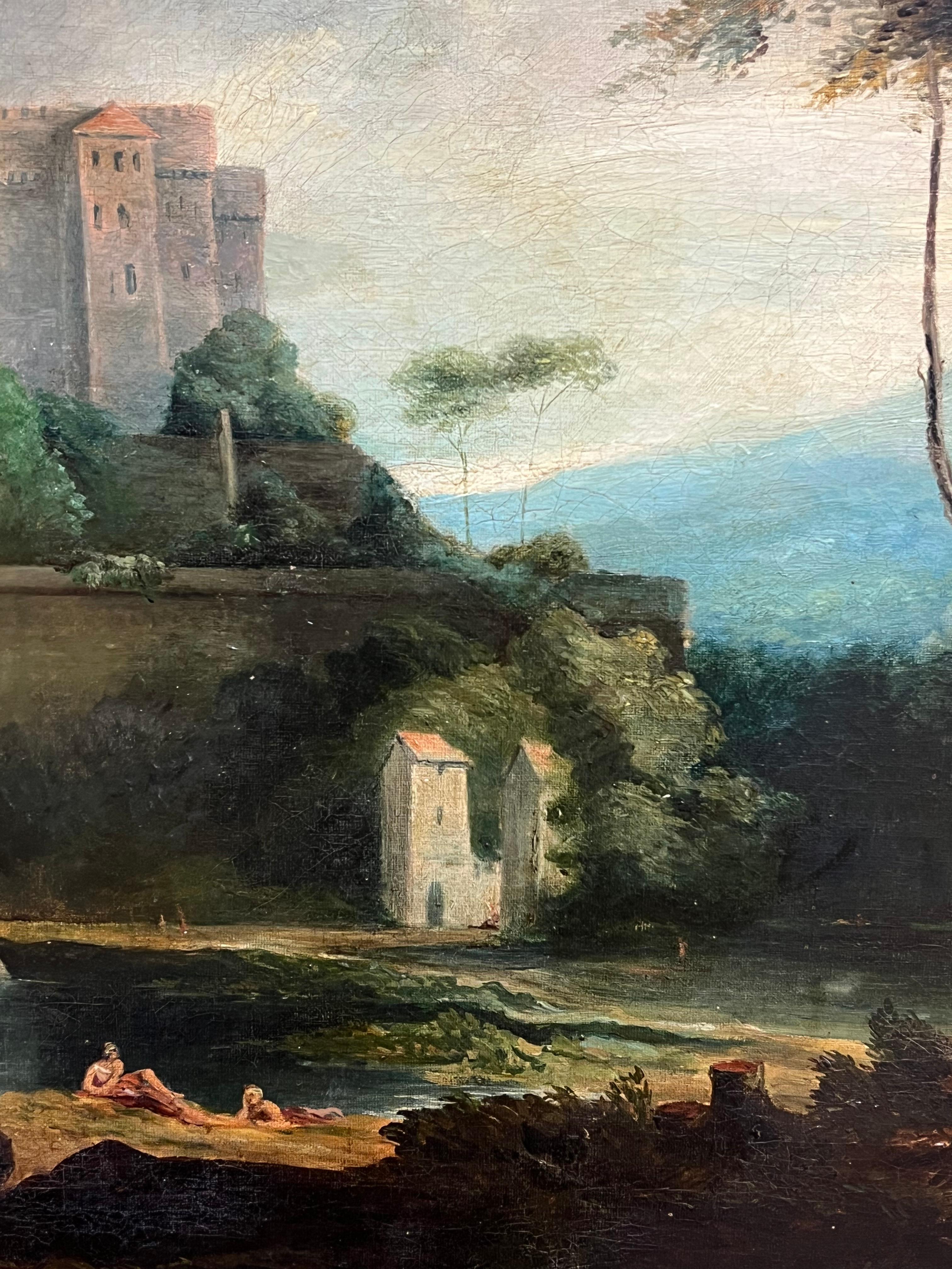 Antike englische Grand Tour Alter Meister Ölfiguren, Grand Tour  Klassische arkadische Landschaft im Angebot 4