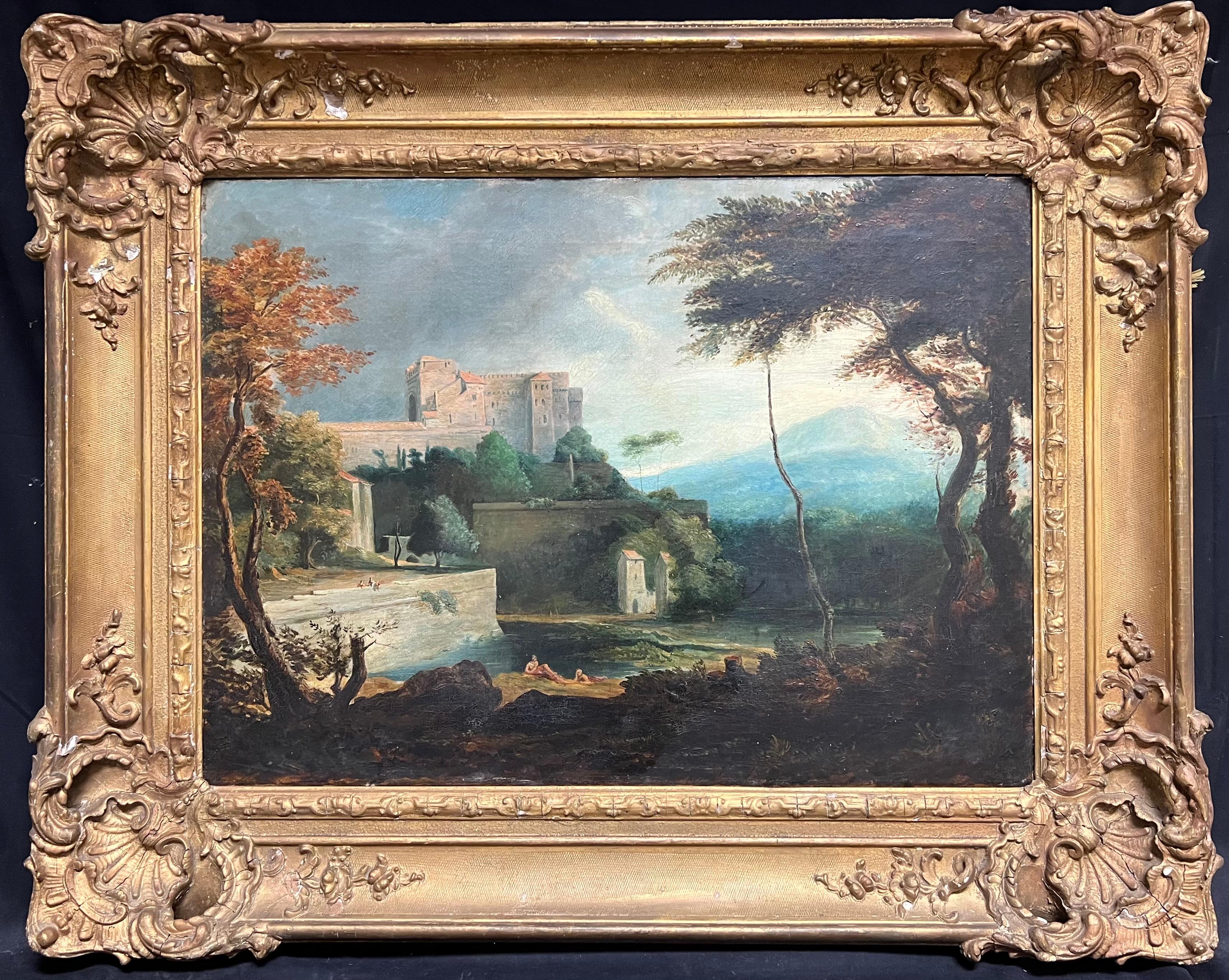 English Old Master Oil  Figurative Painting – Antike englische Grand Tour Alter Meister Ölfiguren, Grand Tour  Klassische arkadische Landschaft