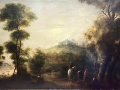 Huge 18th Century Oil Painting Classical Landscape Ancient Castle with Figures