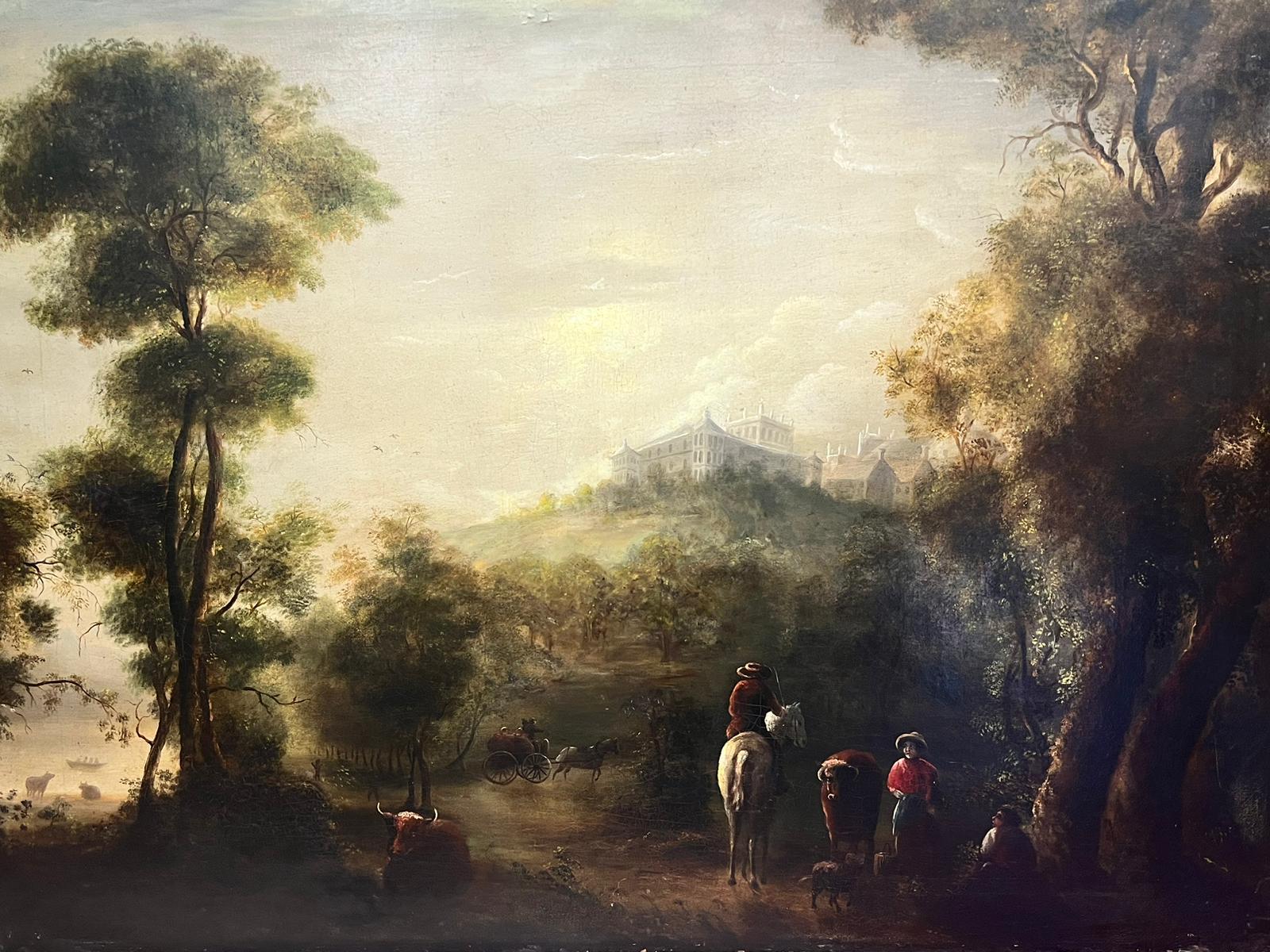 English Old Master Landscape Painting - Huge 18th Century Oil Painting Classical Landscape Ancient Castle with Figures