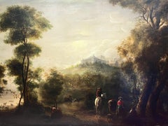 Großes Ölgemälde, klassische Landschaft, antikes Schloss mit Figuren, 18. Jahrhundert
