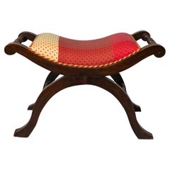 English Old Upholstered Stool with Curved Frame