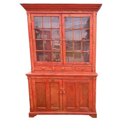 English One Piece Pine Step Back Cupboard in Red Wash