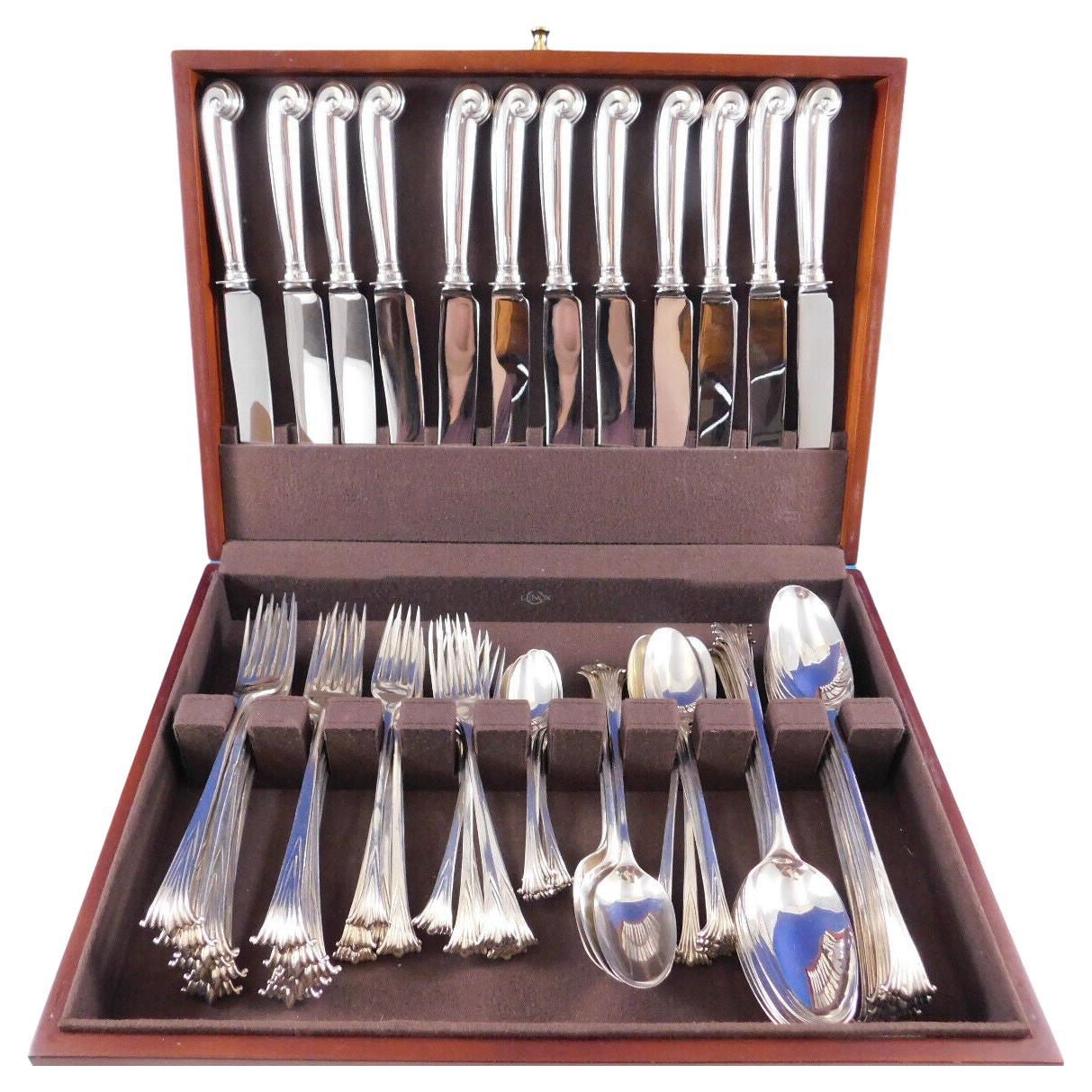 English Onslow by Various Sterling Silver Dinner Flatware Set Service 64 Pcs Old For Sale