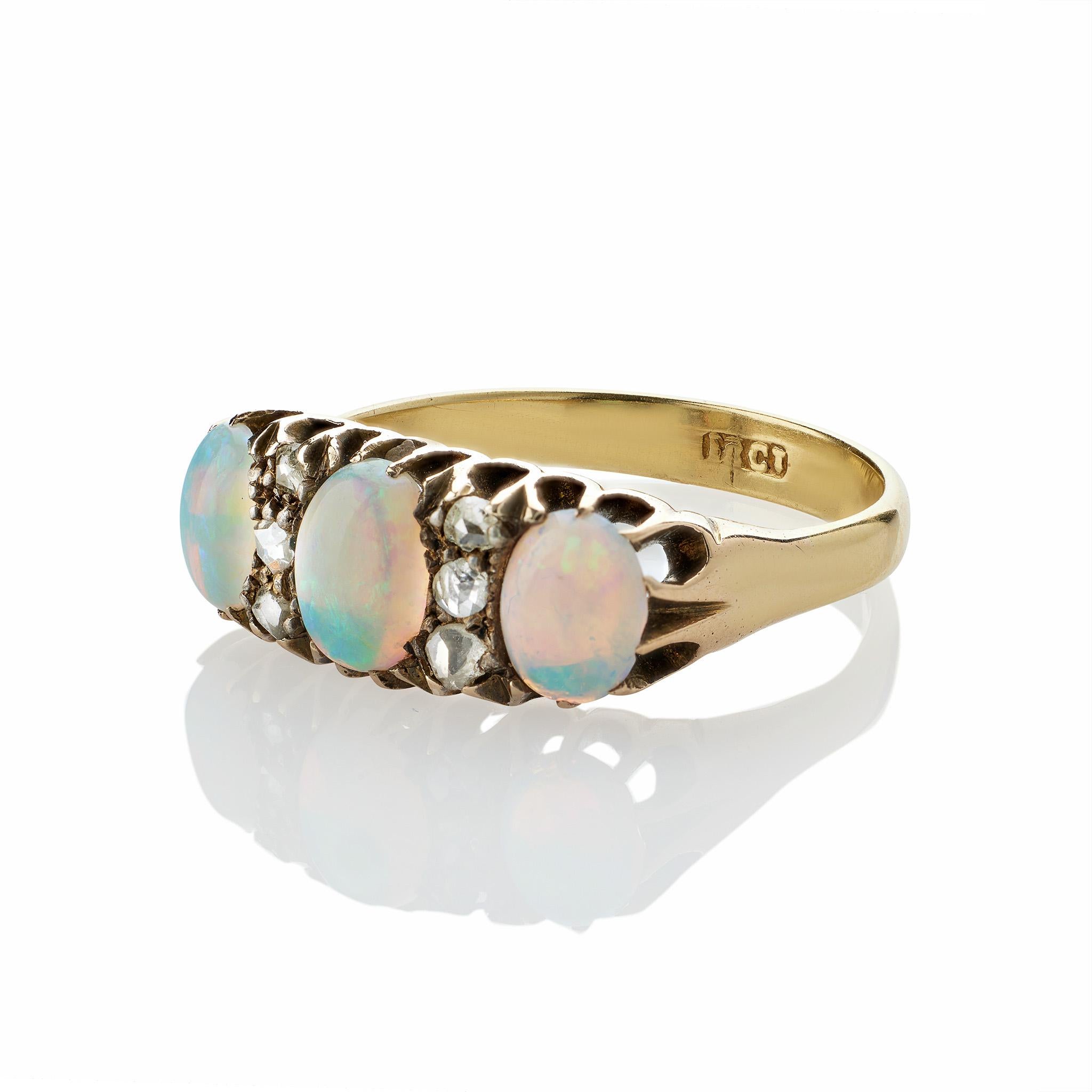 Rose Cut English Opal and Rose-cut Diamond Three Stone Ring For Sale